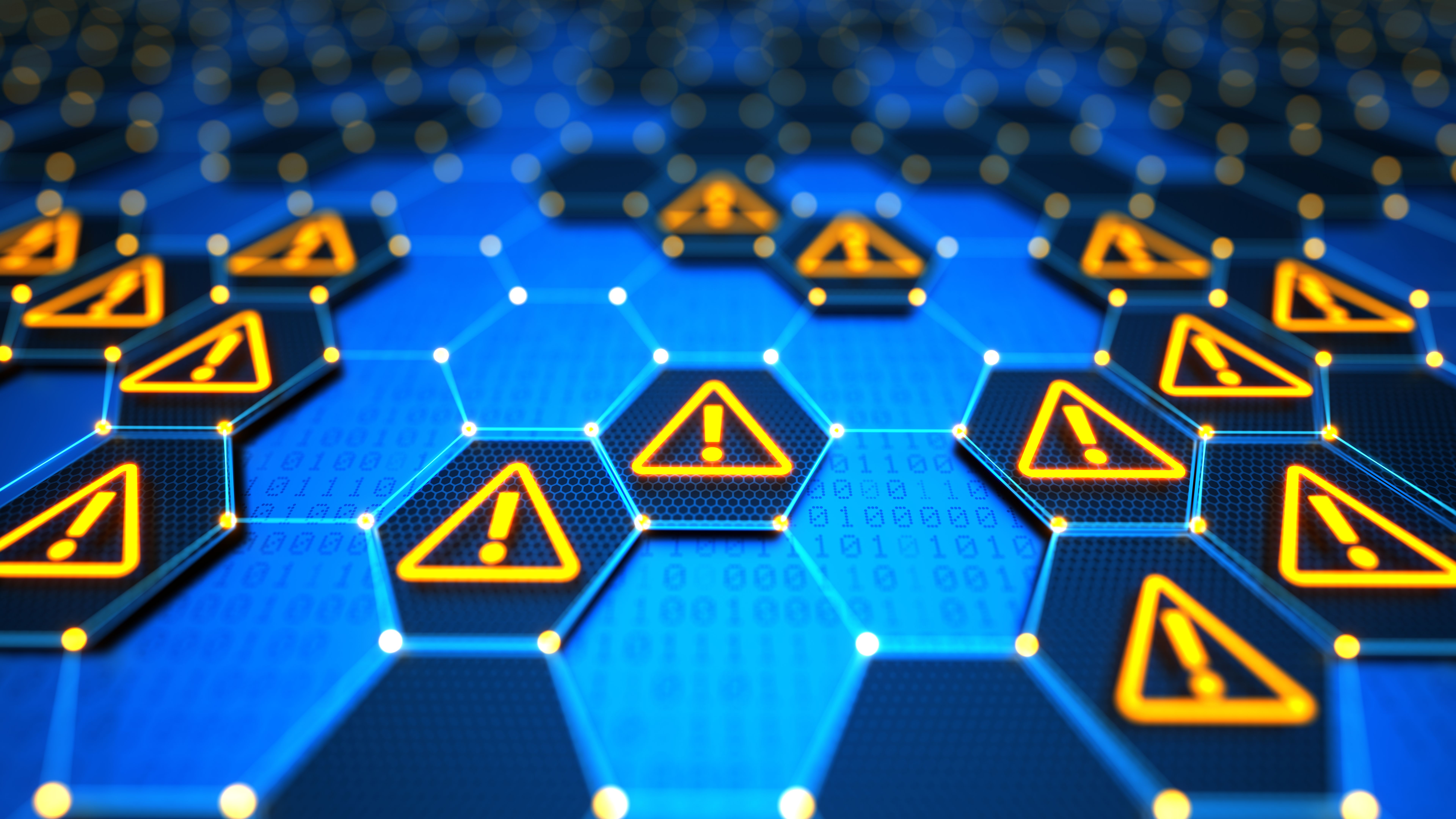 Futuristic digital technological background with hexagonal elements, yellow glowing warning signs and binary code. Encryption your data. Big data security. Safe your data. Cyber internet security and privacy concept.