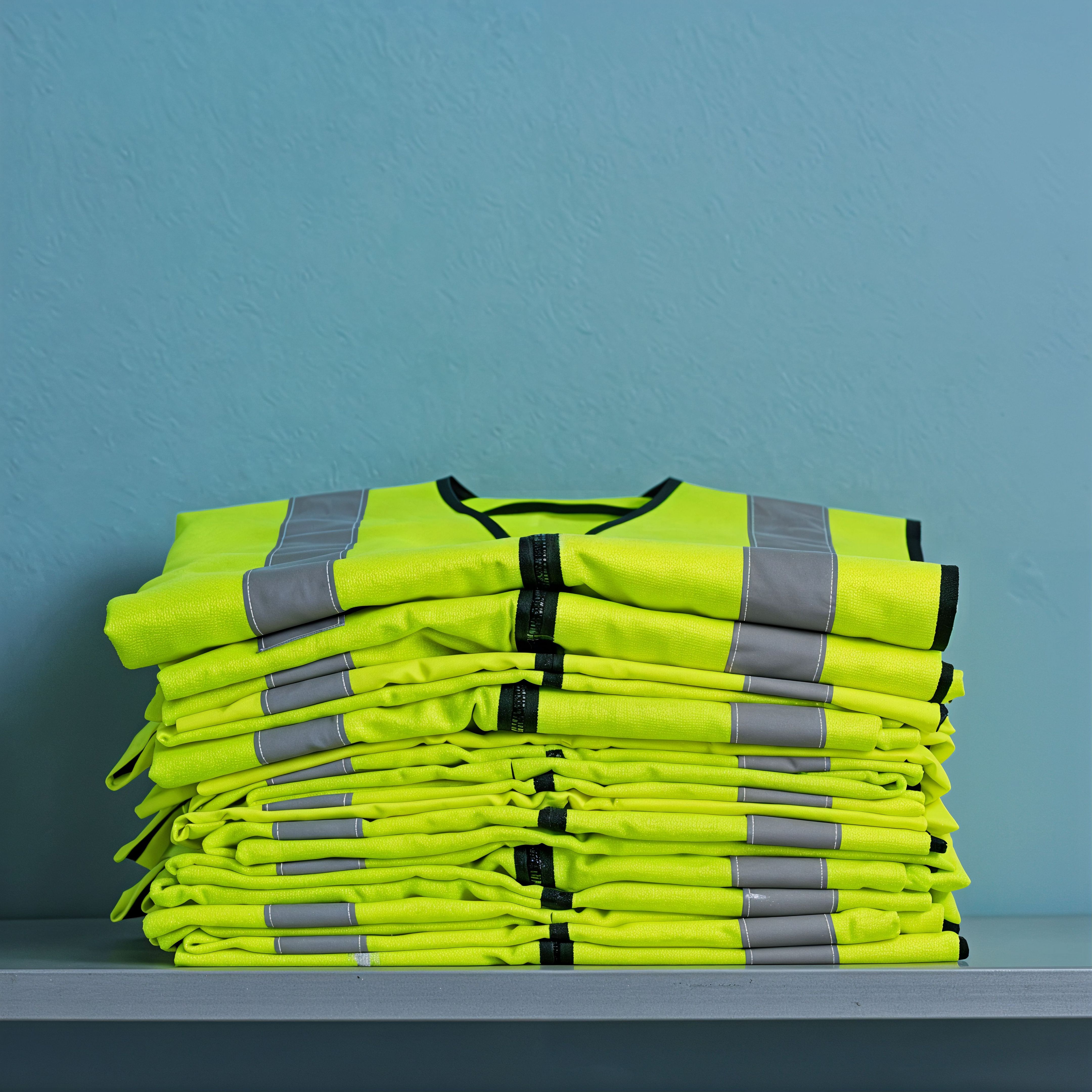 AI Generated Stack of Folded High-Visibility Vests Against Blue Wall.