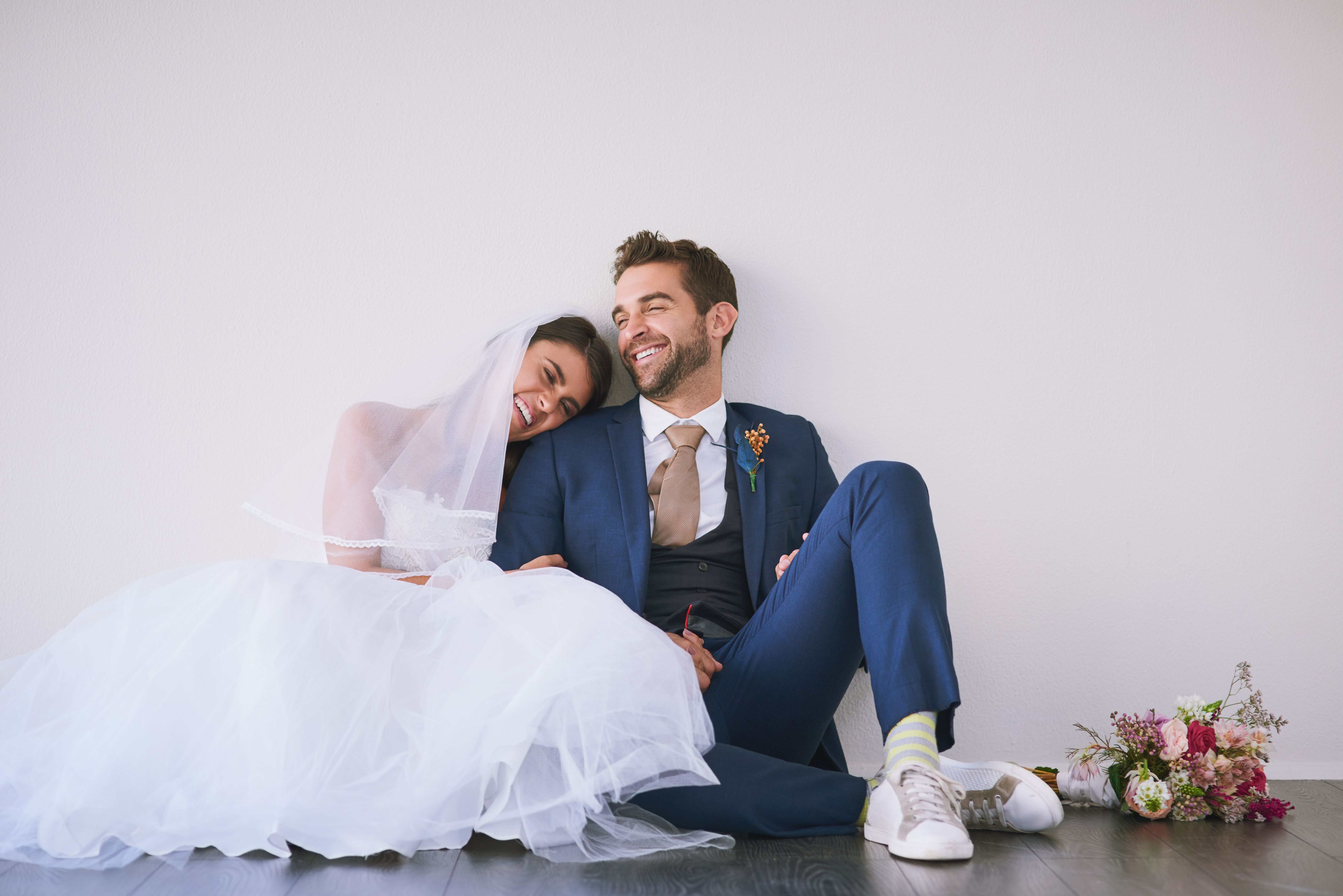 bride groom laughing
