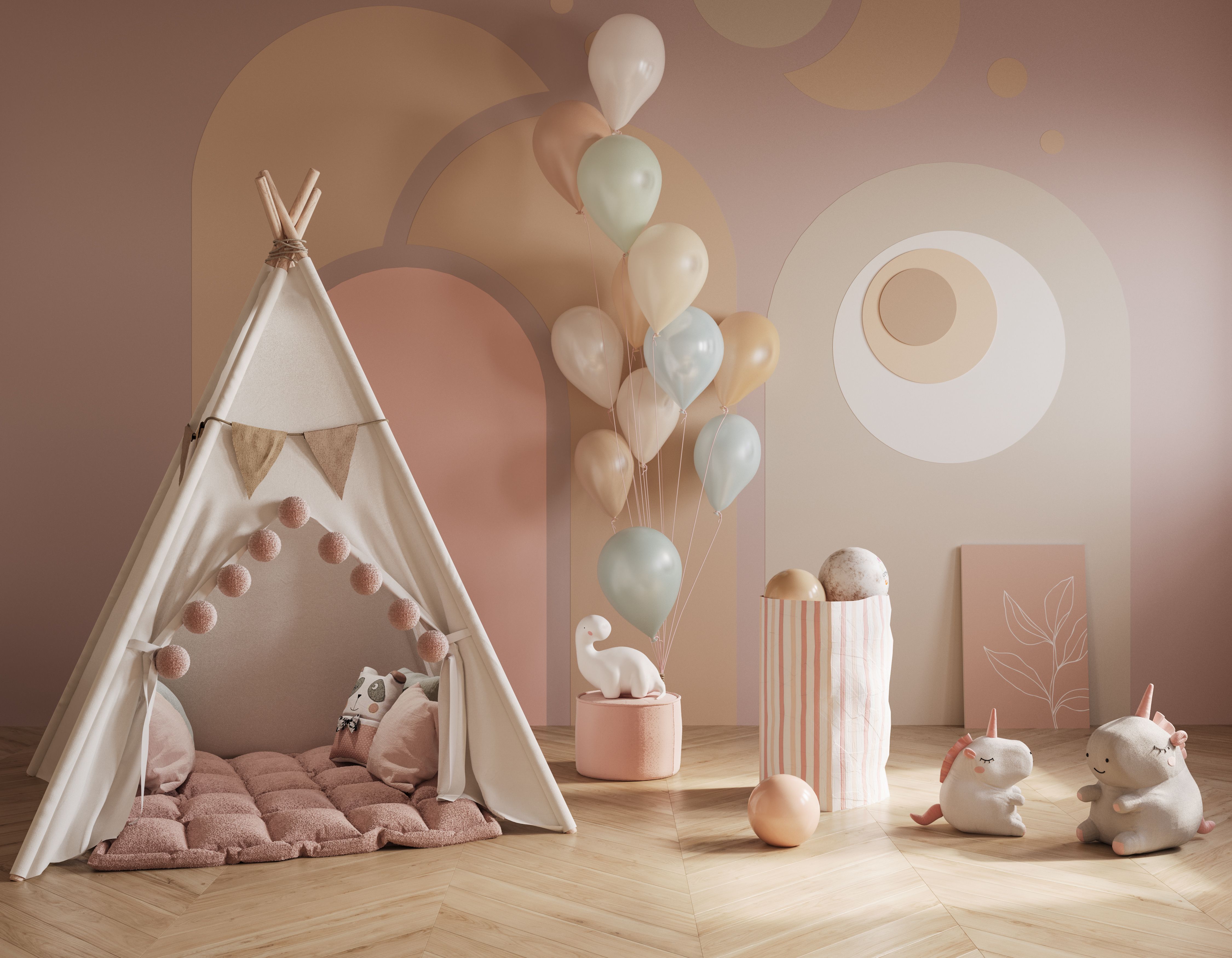 Modern Baby Room Interior With Messy Crib, Cabinet, Armchair, Toys And Plants