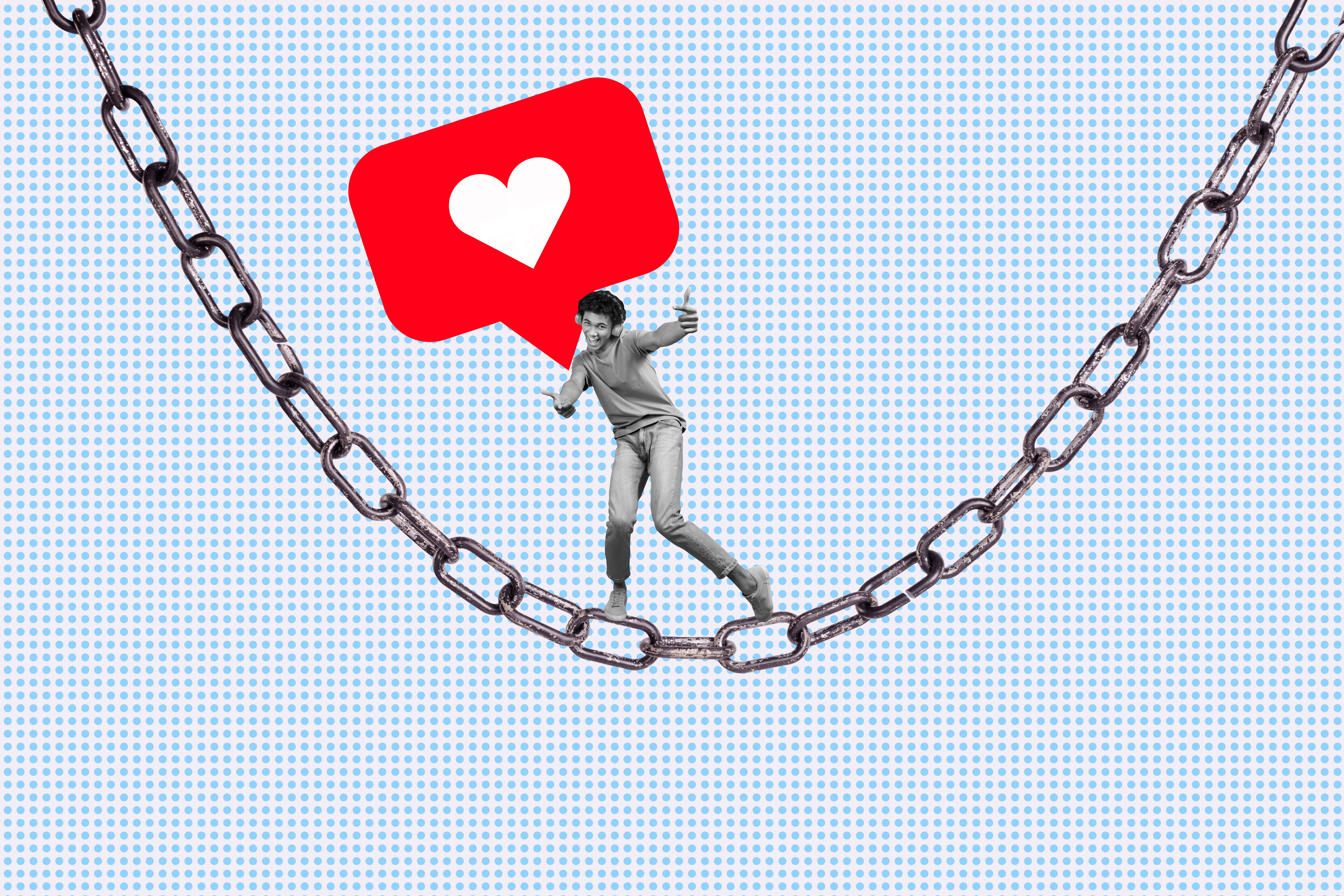 Image pop banner 3d photo collage of happy guy listen music headphones dance chain like reaction influencer slavery media