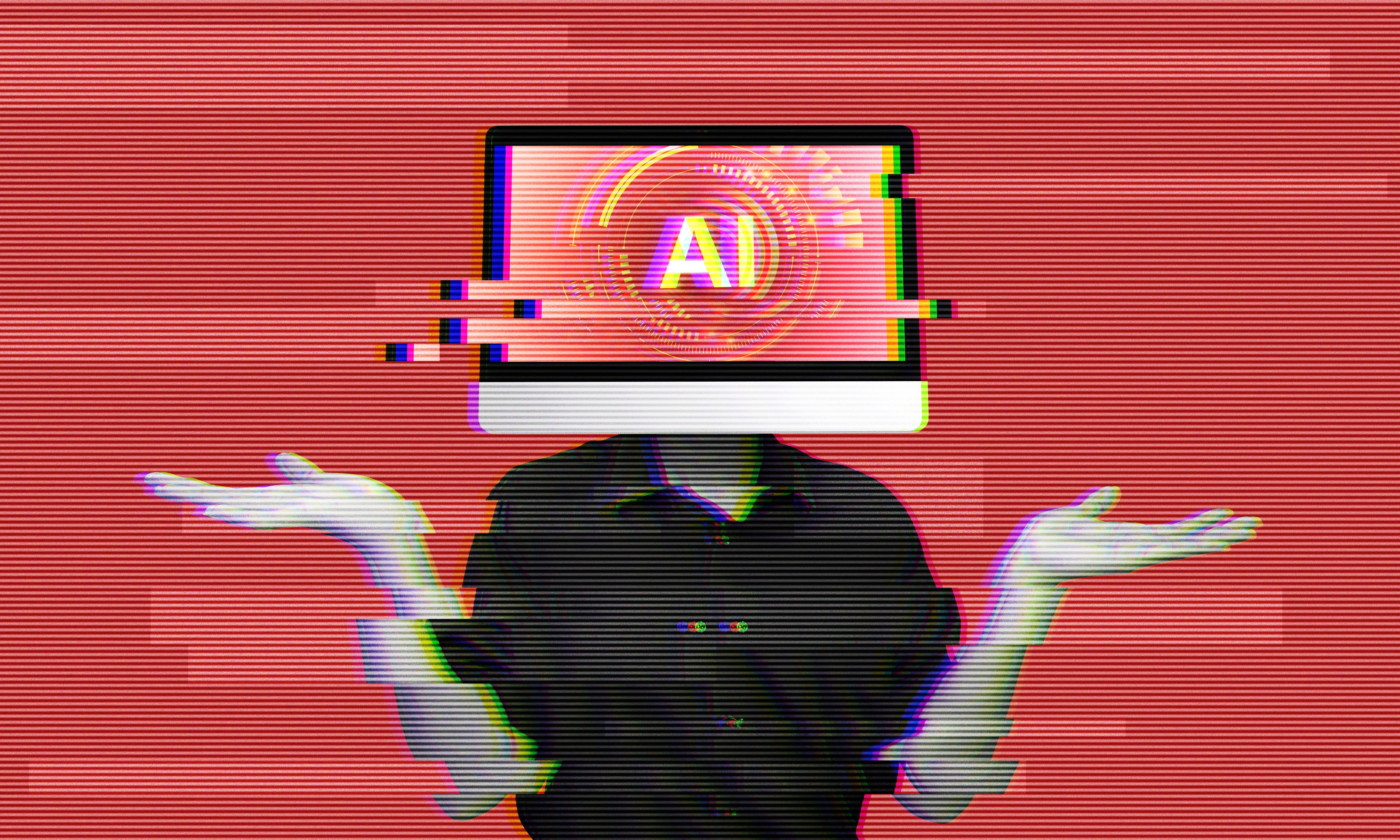 Glitching corrupted AI system, error message on red alert background