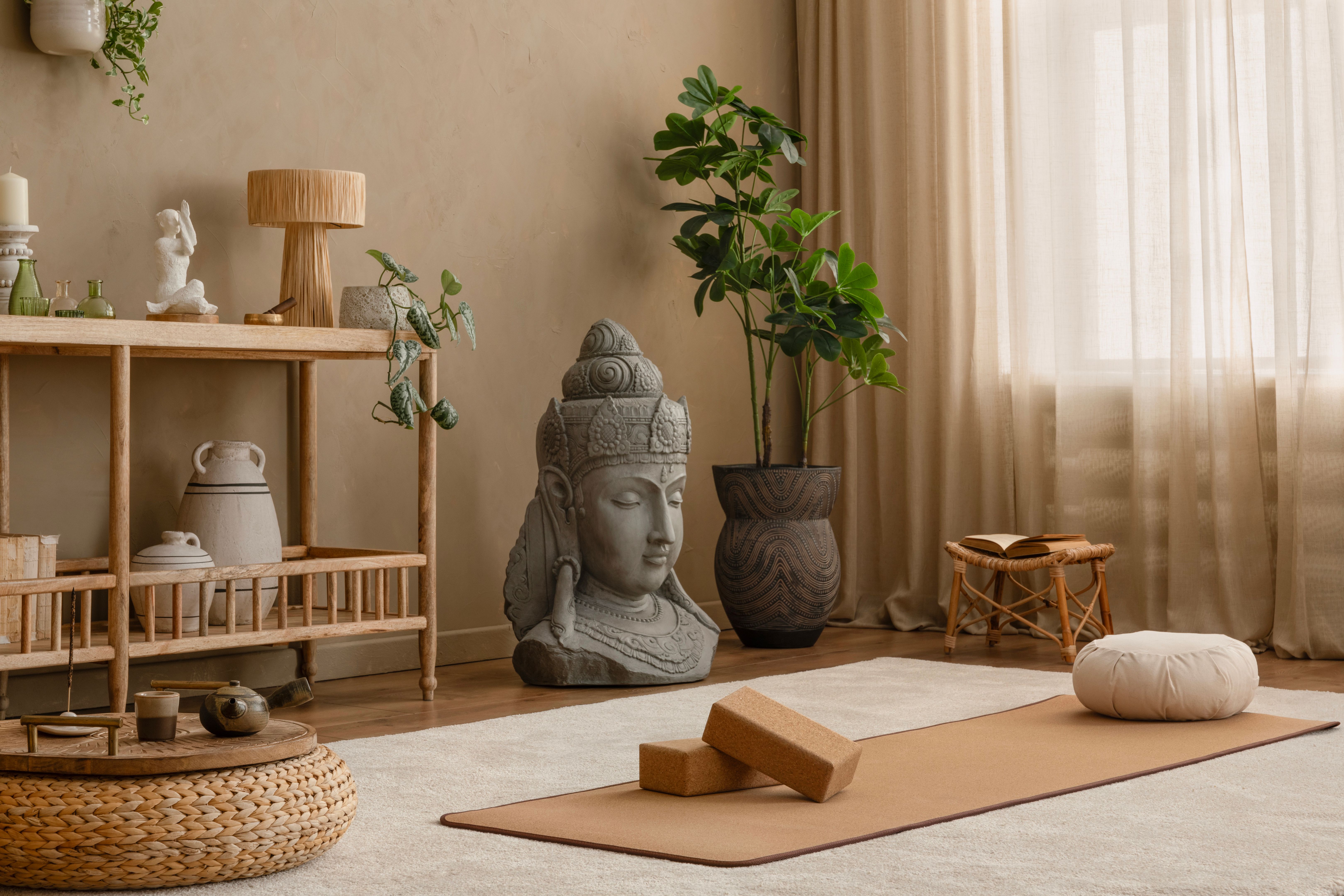 Cozy meditation setup with a woven pouf, yoga mat, and incense burner. A serene Buddha statue and natural accents complete the calming atmosphere. Cozy meditation setup with a woven pouf, yoga mat, and incense burner. A serene Buddha statue and natural accents complete the calming atmosphere.