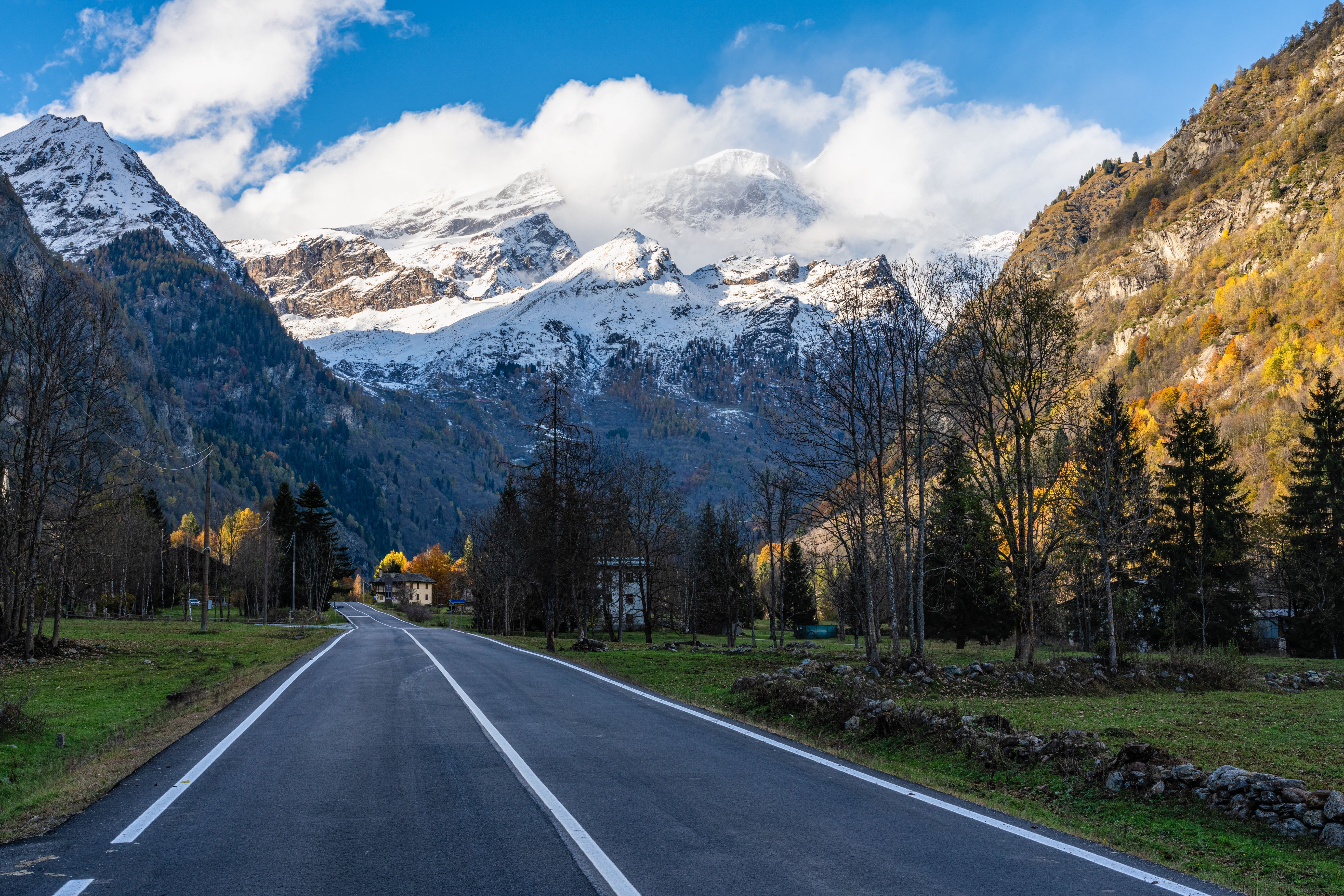 Beautiful fall season landscape with the Monte Rosa in Valsesia, Province of Vercelli, Piedmont, Italy.