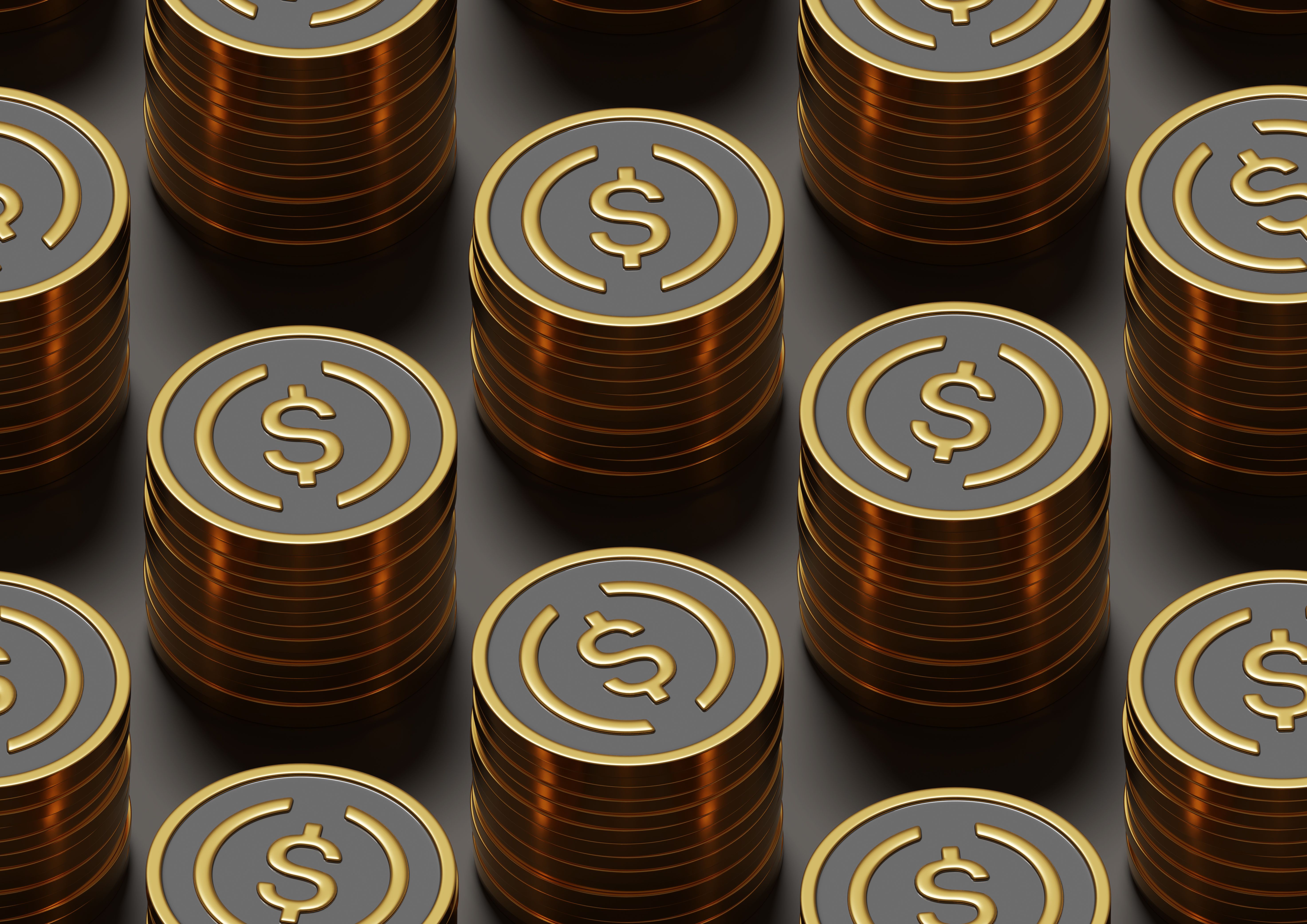Golden USDC coins isometric seamless patttern. 3d illustration.