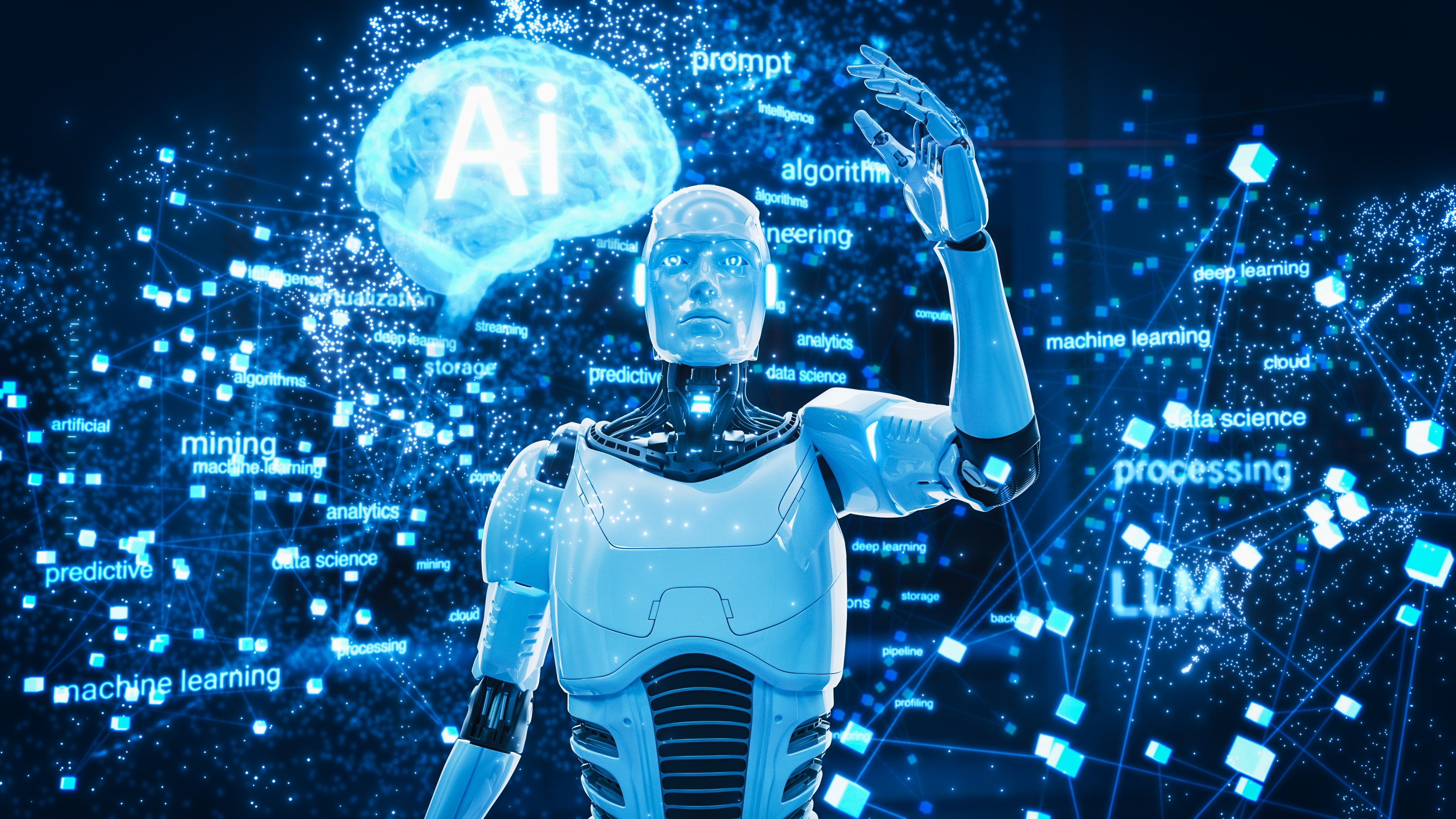 Advanced Neural Network Visualization, Featuring An Ai Robot, Dynamic Lines of Digitalization, Data Flow, Big Data Analysis, and Machine Learning Concepts in High-Tech, Futuristic Cyberspace Advanced Neural Network Visualization, Featuring An Ai Robot, Dynamic Lines of Digitalization, Data Flow, Big Data Analysis, and Machine Learning Concepts in High-Tech, Futuristic Cyberspace