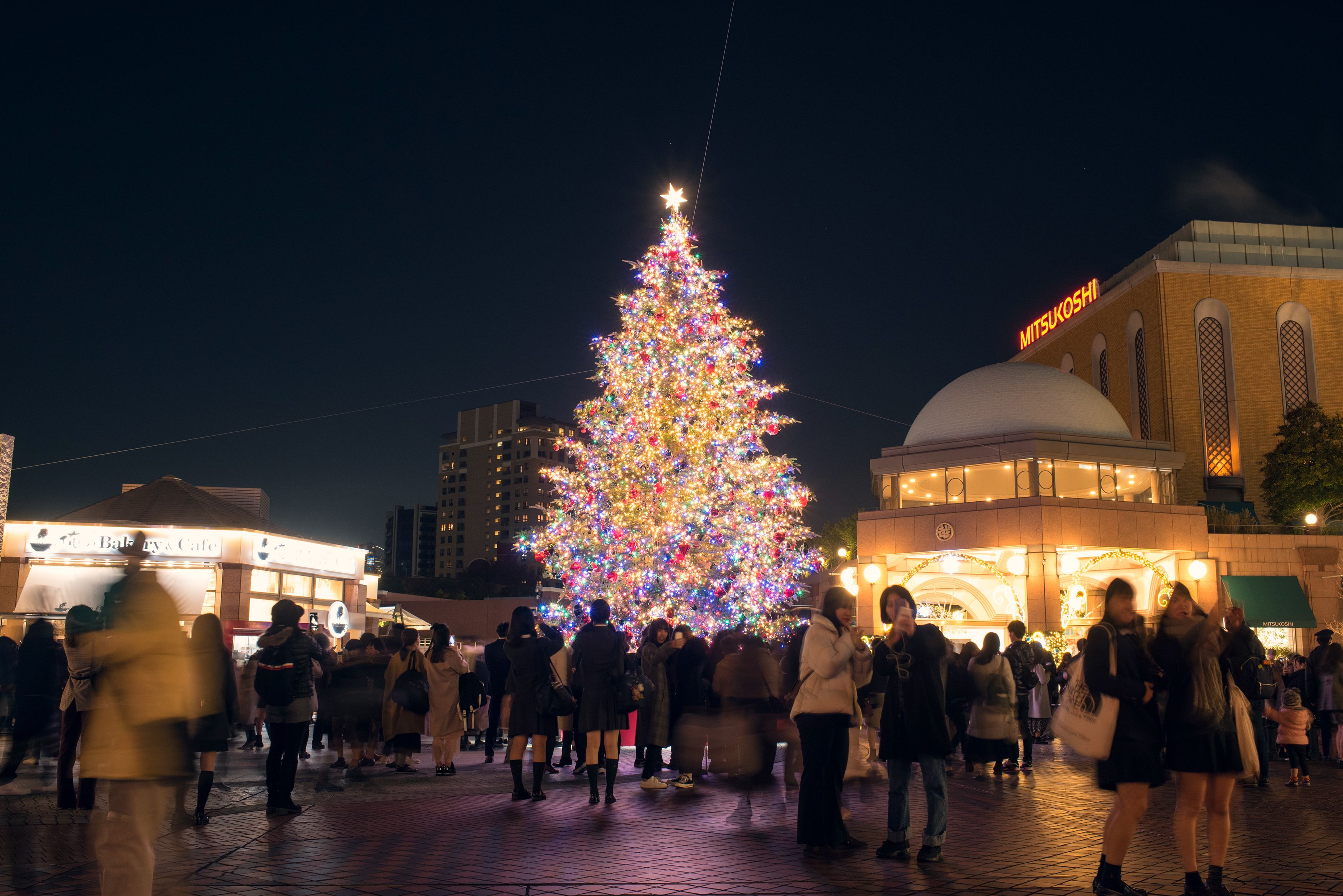 Big outdoor Christmas tree and crowd of people in Tokyo, Japan