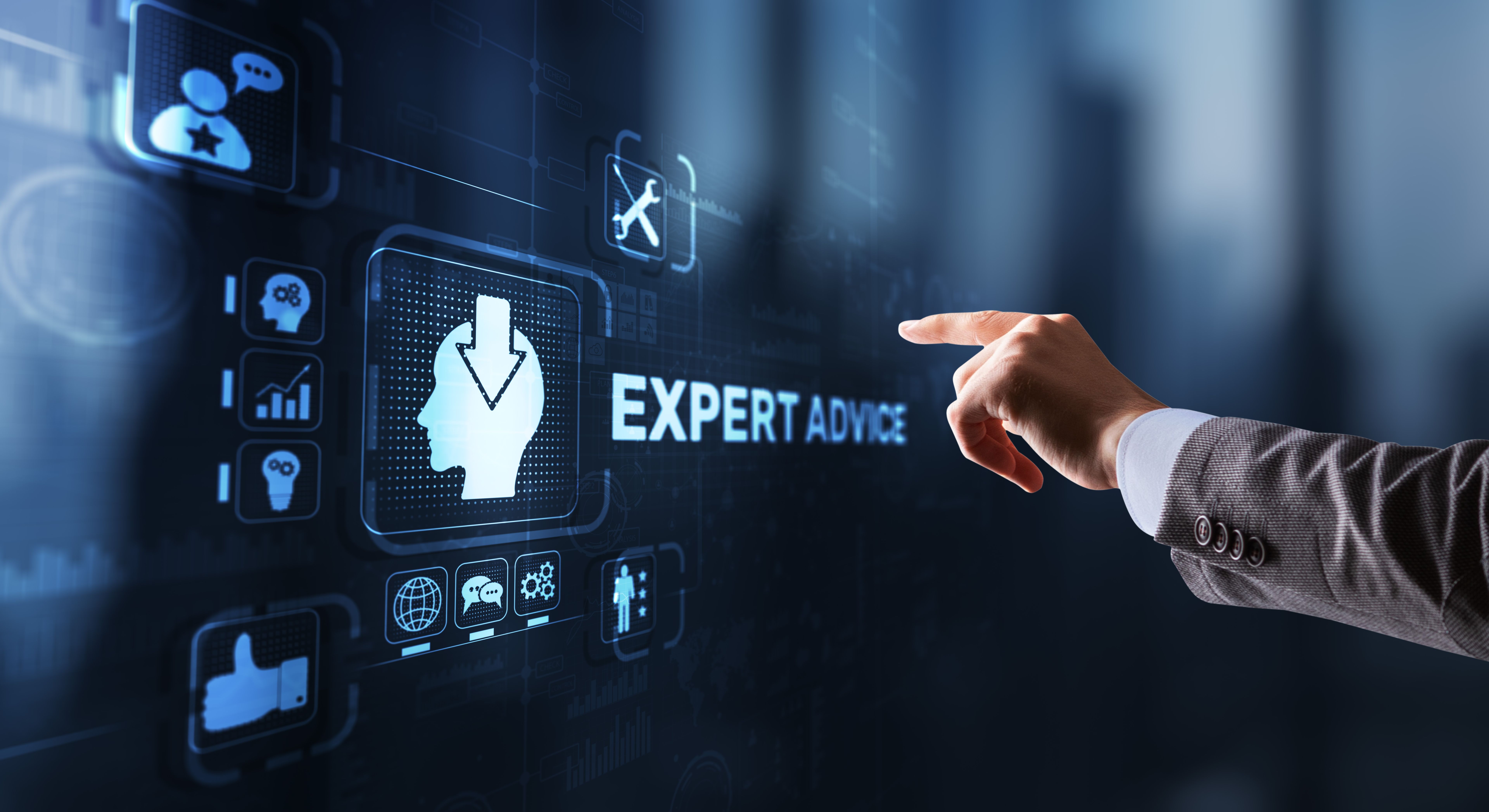 Expert advice. Businessman hand touching inscription on virtual screen