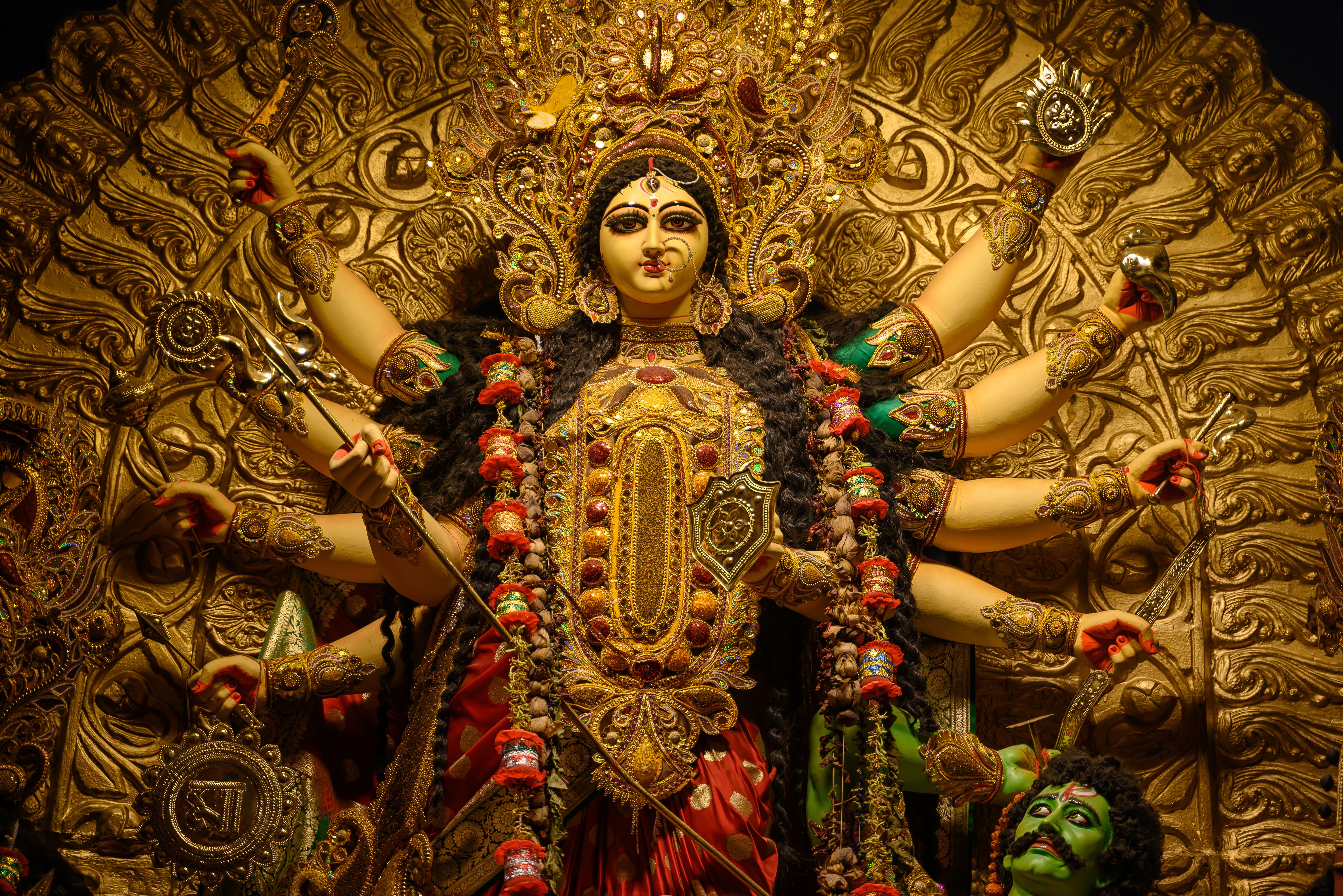 Idol of Goddess Devi Durga in a beautifully decorated pandal during the Durga Puja festival of Hinduism in West Bengal, India