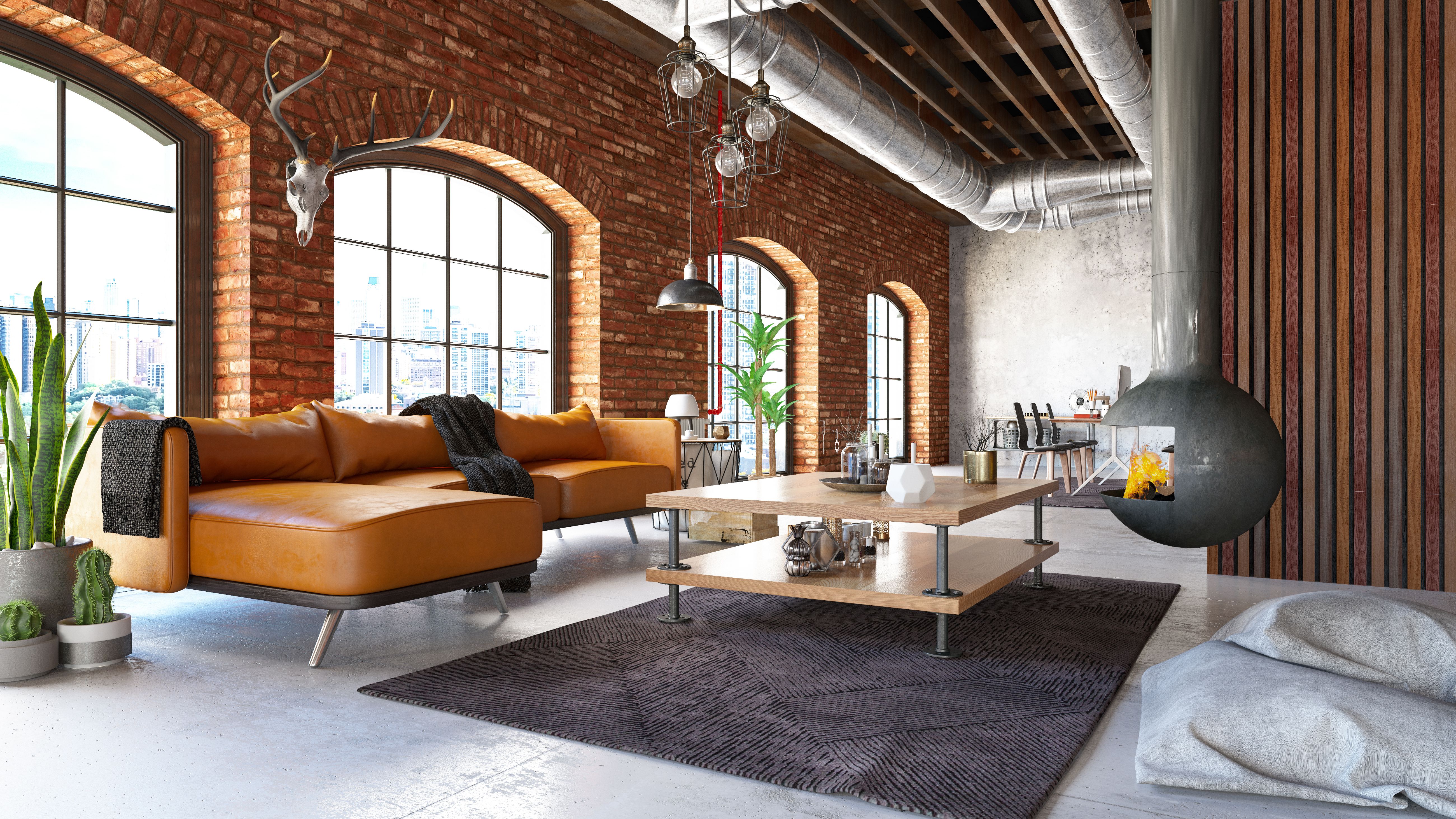 Industrial Style Loft Living Room with Cozy Furniture and Fire Place