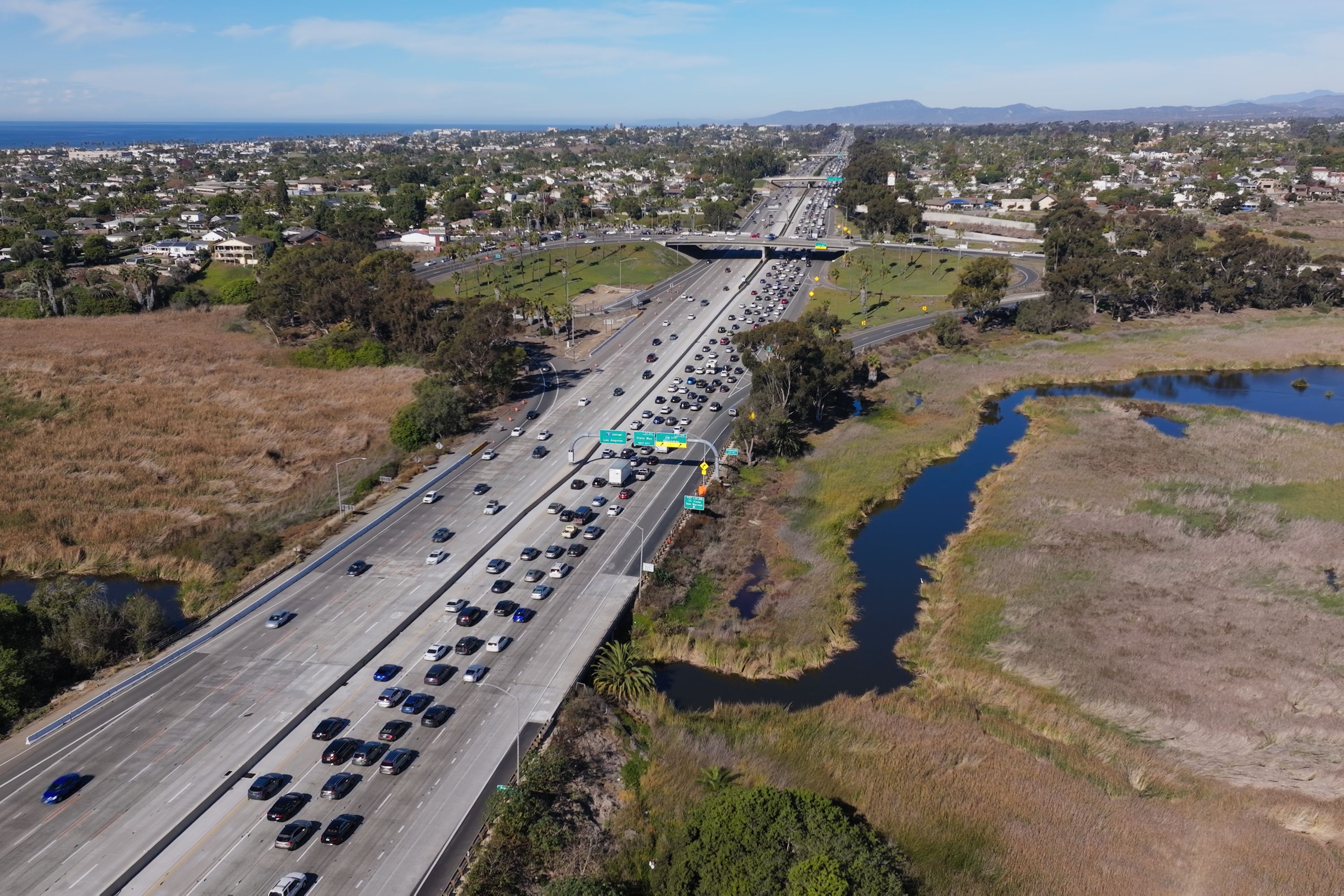 Drone View of the Freeway in Oceanside, CA