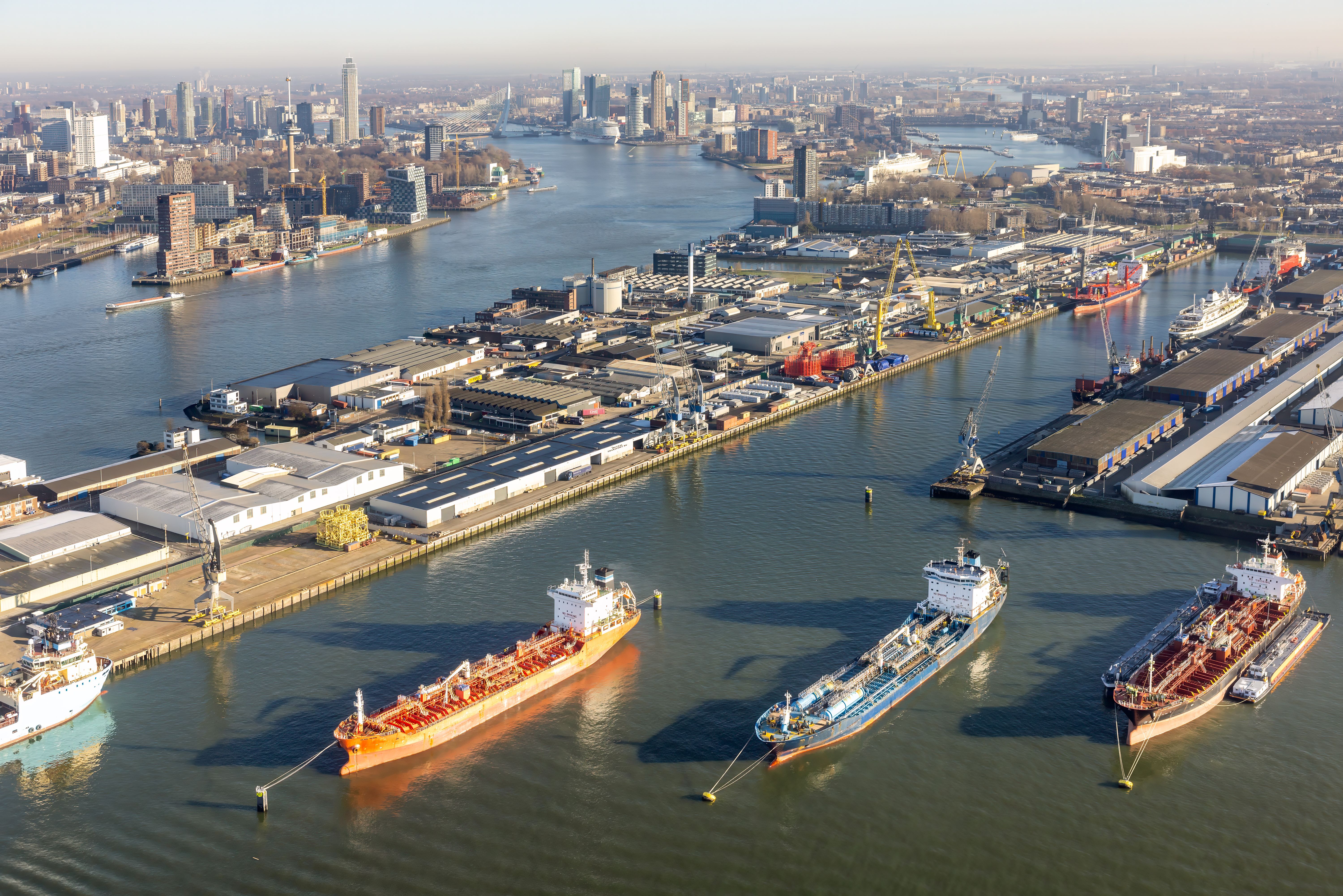 Aerial view Dutch industrial park with harbors and ships