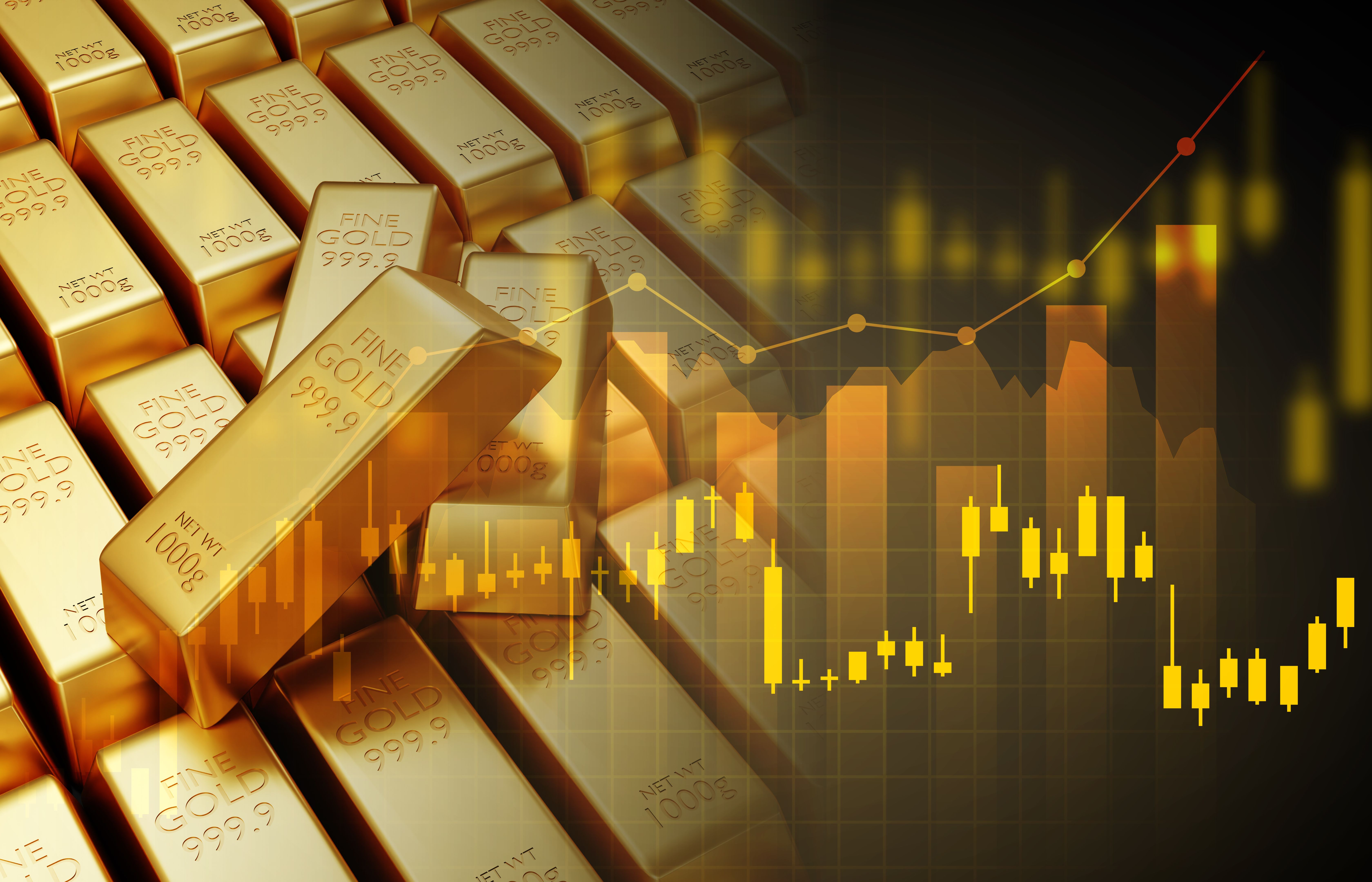 Gold trading, gold bars with stock graph chart stock. Business and finance concept Gold trading, gold bars with stock graph chart stock. Business and finance concept
