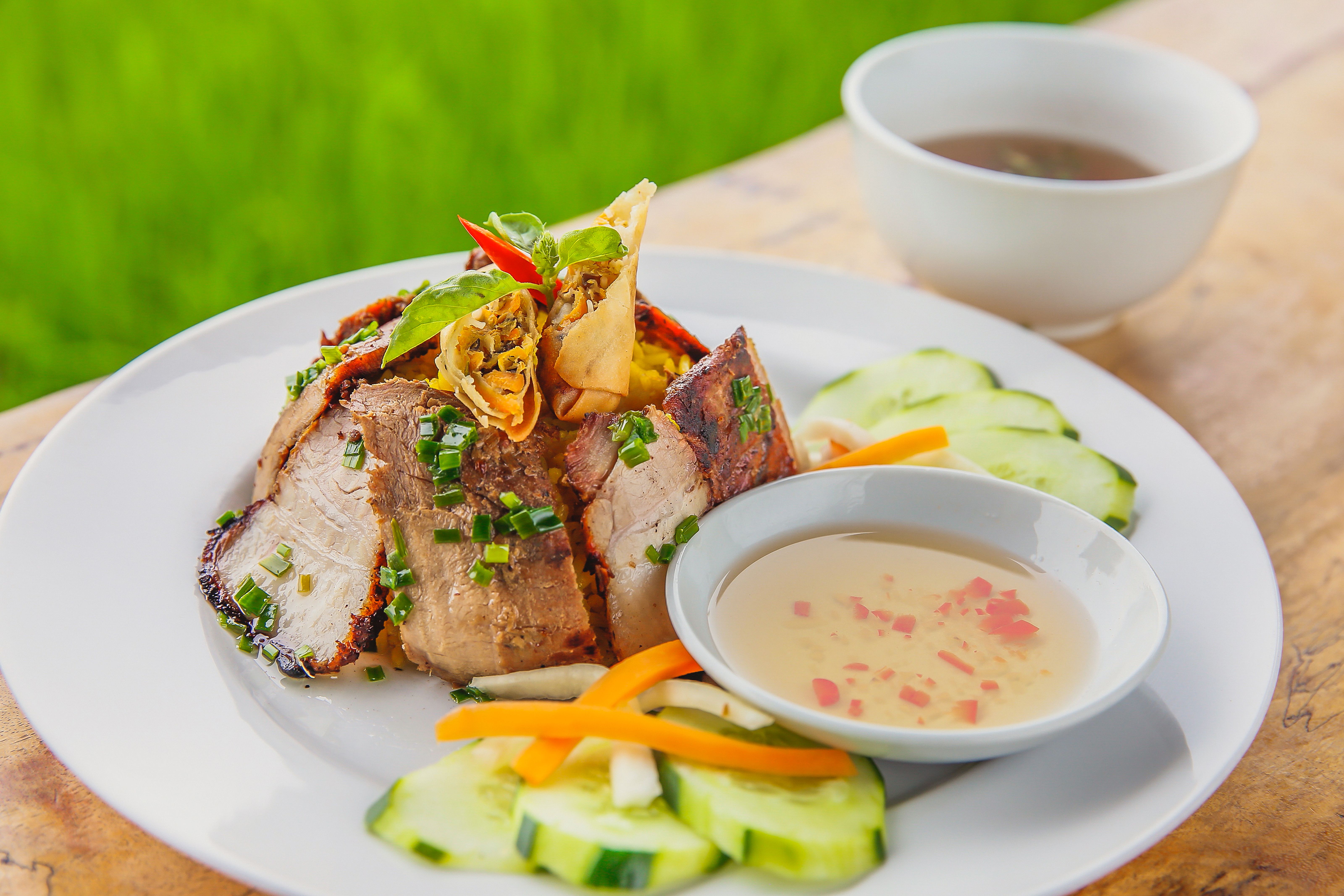 Yellow fried rice with roast pork