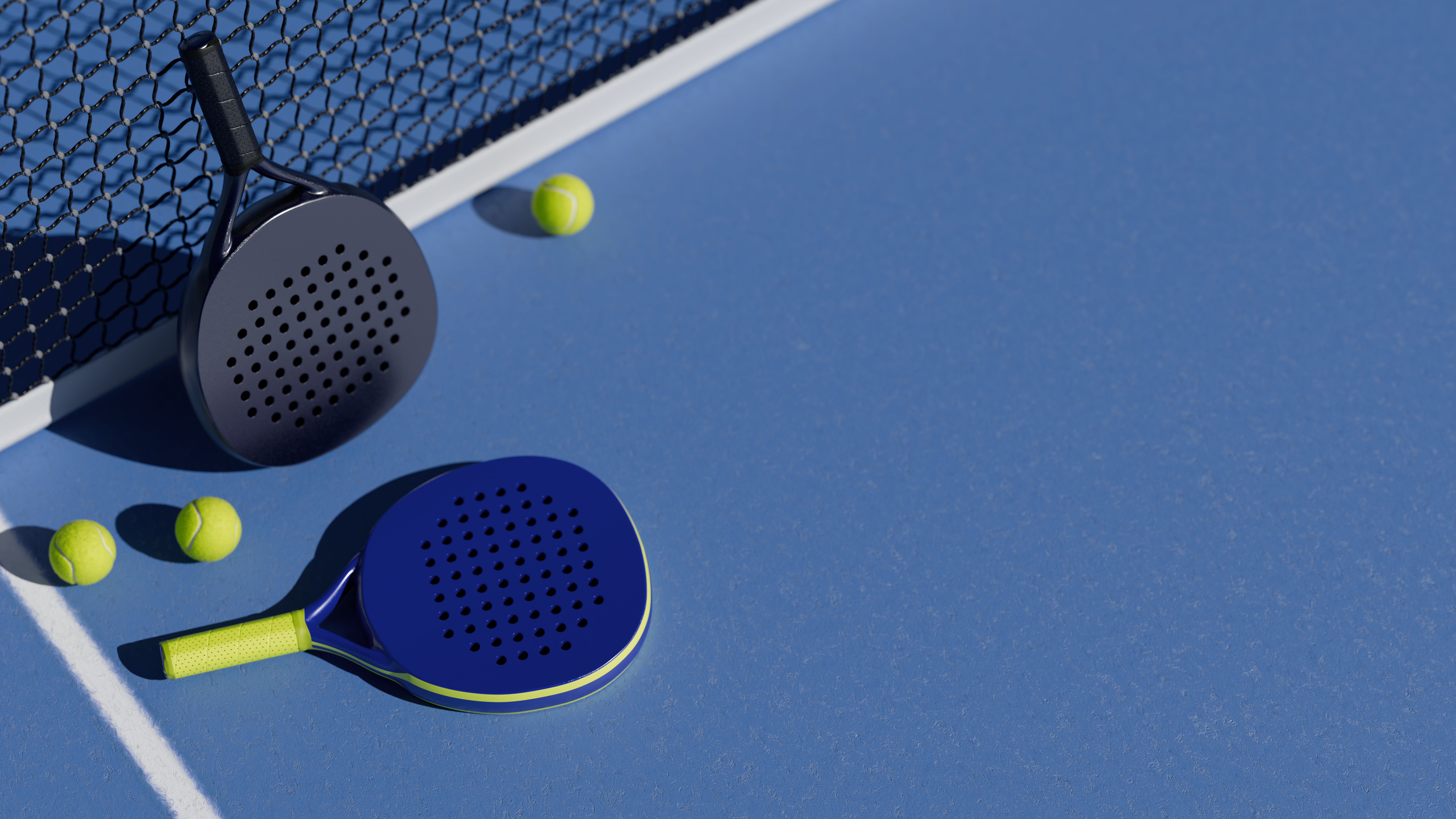 Equipment for a game of paddle tennis on a blue court with balls and rackets. 3d rendering