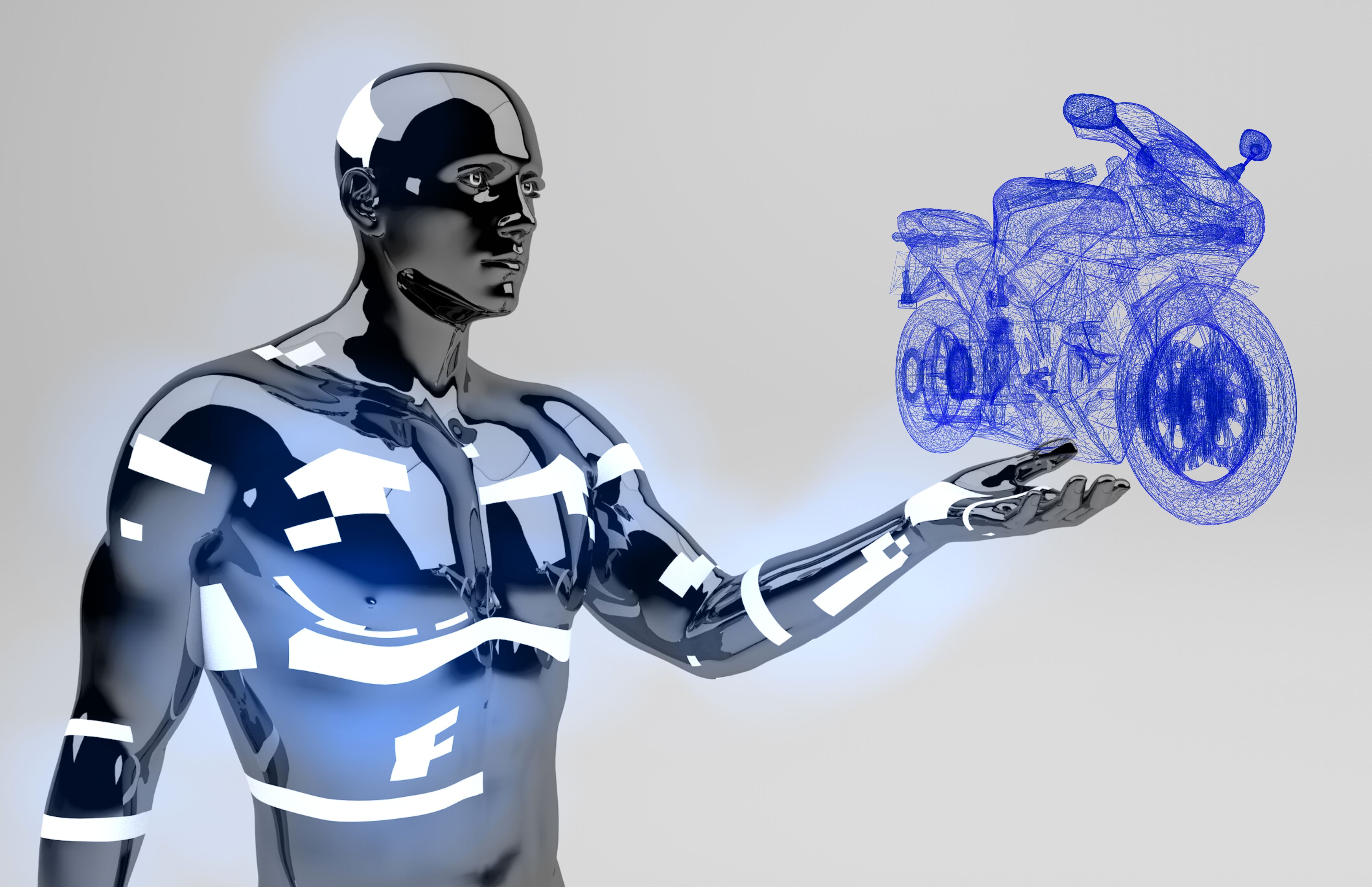 Metallic Ai Robot Showing Futuristic Motorcycle