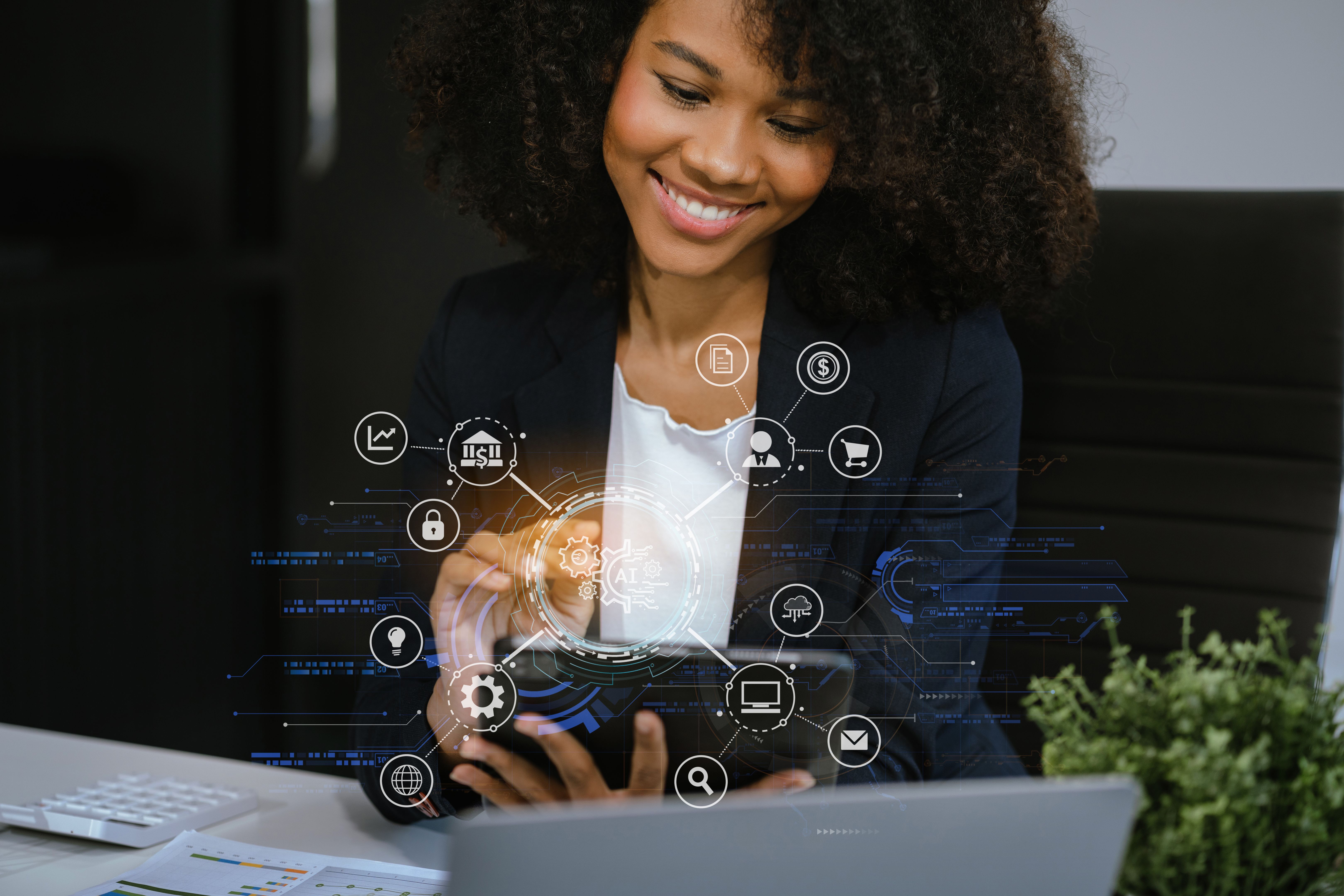 Digital transformation technology strategy, Person using laptop, tablet and smartphone with of things. transformation of ideas and the adoption.