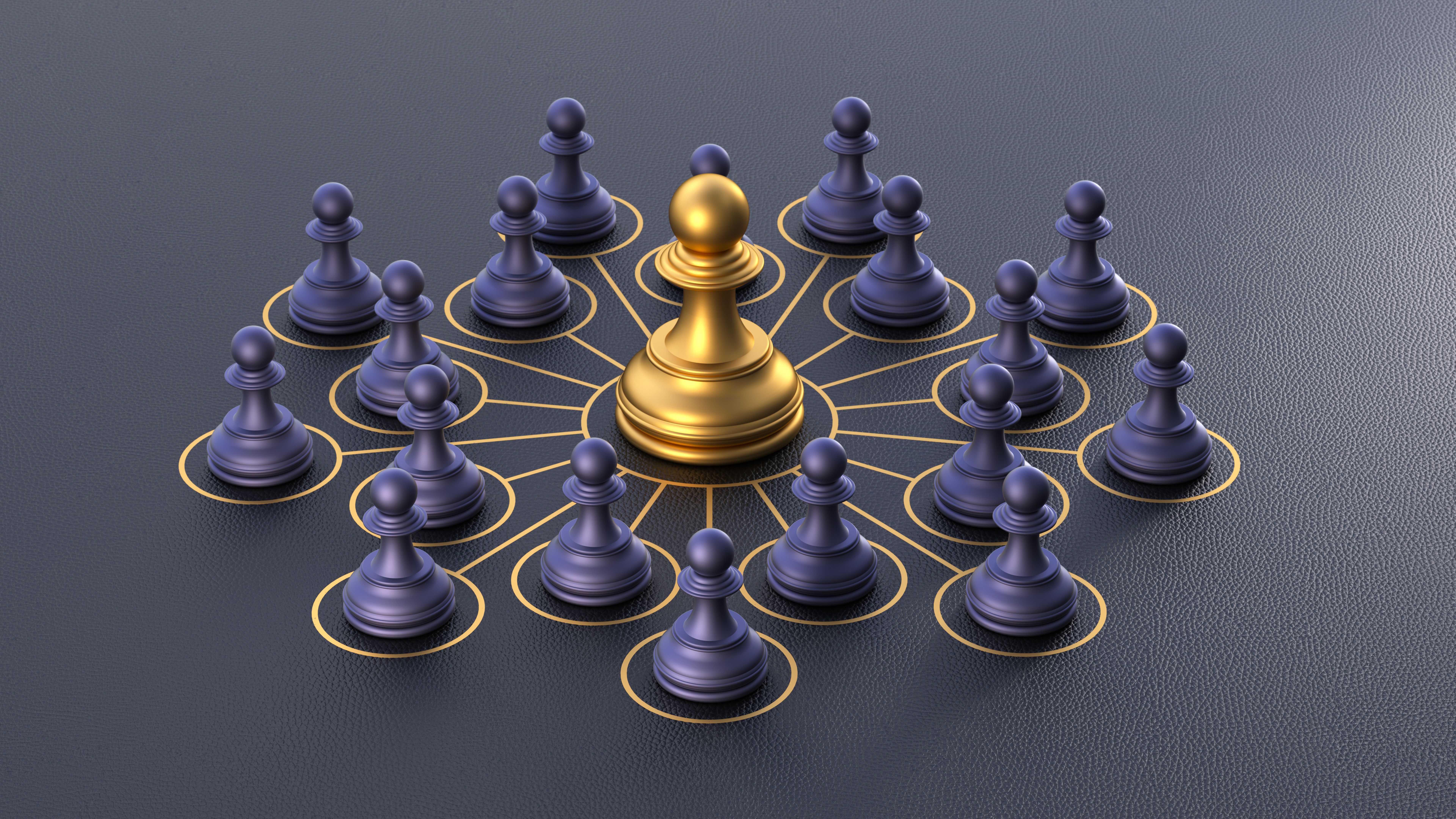 Collaboration and Strategy Concept: Black Chess Pawns Connected to a Golden Pawn by Rings. 3D rendering.