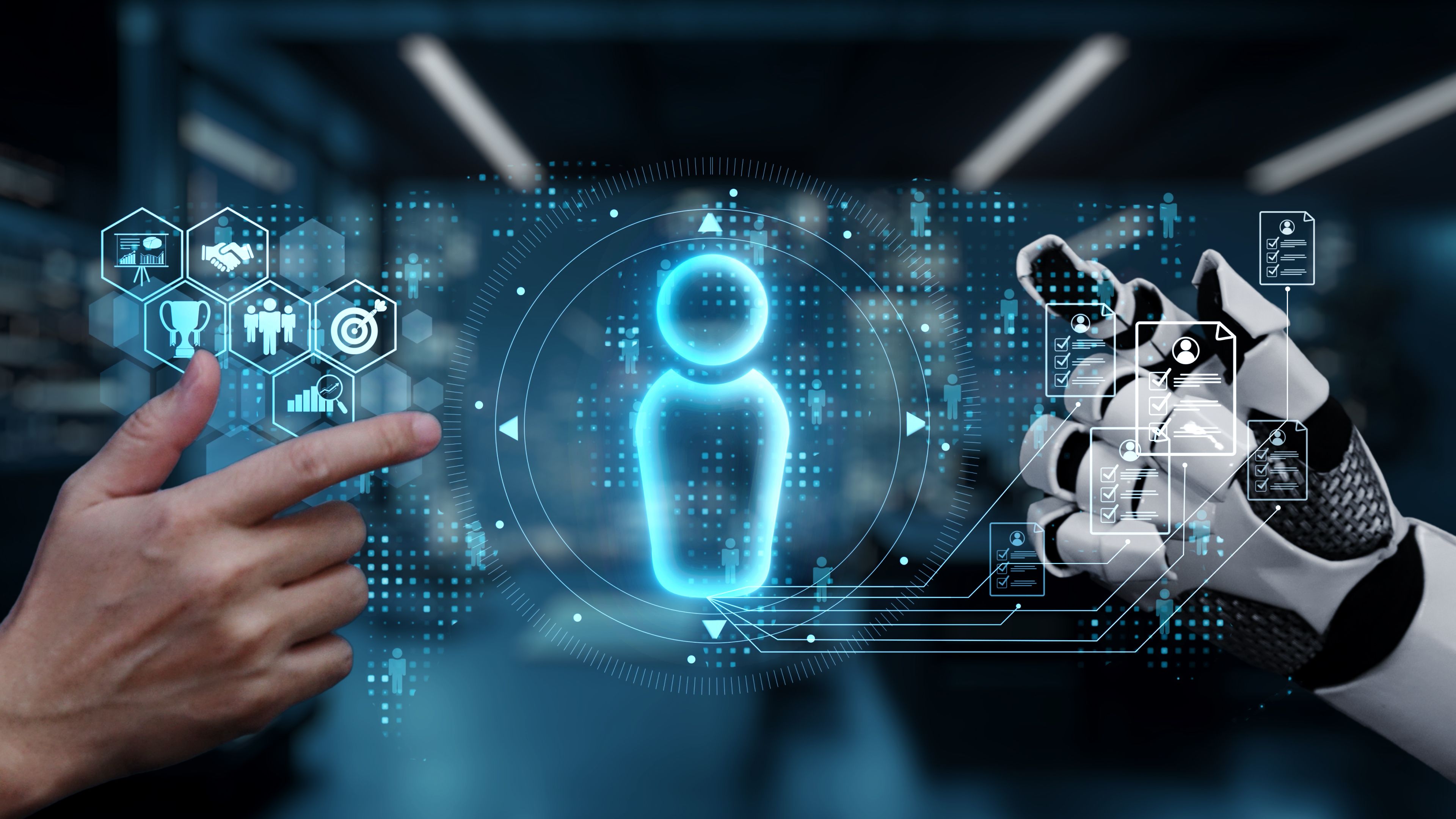 Futuristic Interaction Between Human Hand and Robotic Hand with Holographic Display of Digital Avatar in High-Tech Environment. Auvana Futuristic Interaction Between Human Hand and Robotic Hand with Holographic Display of Digital Avatar in High-Tech Environment. Auvana