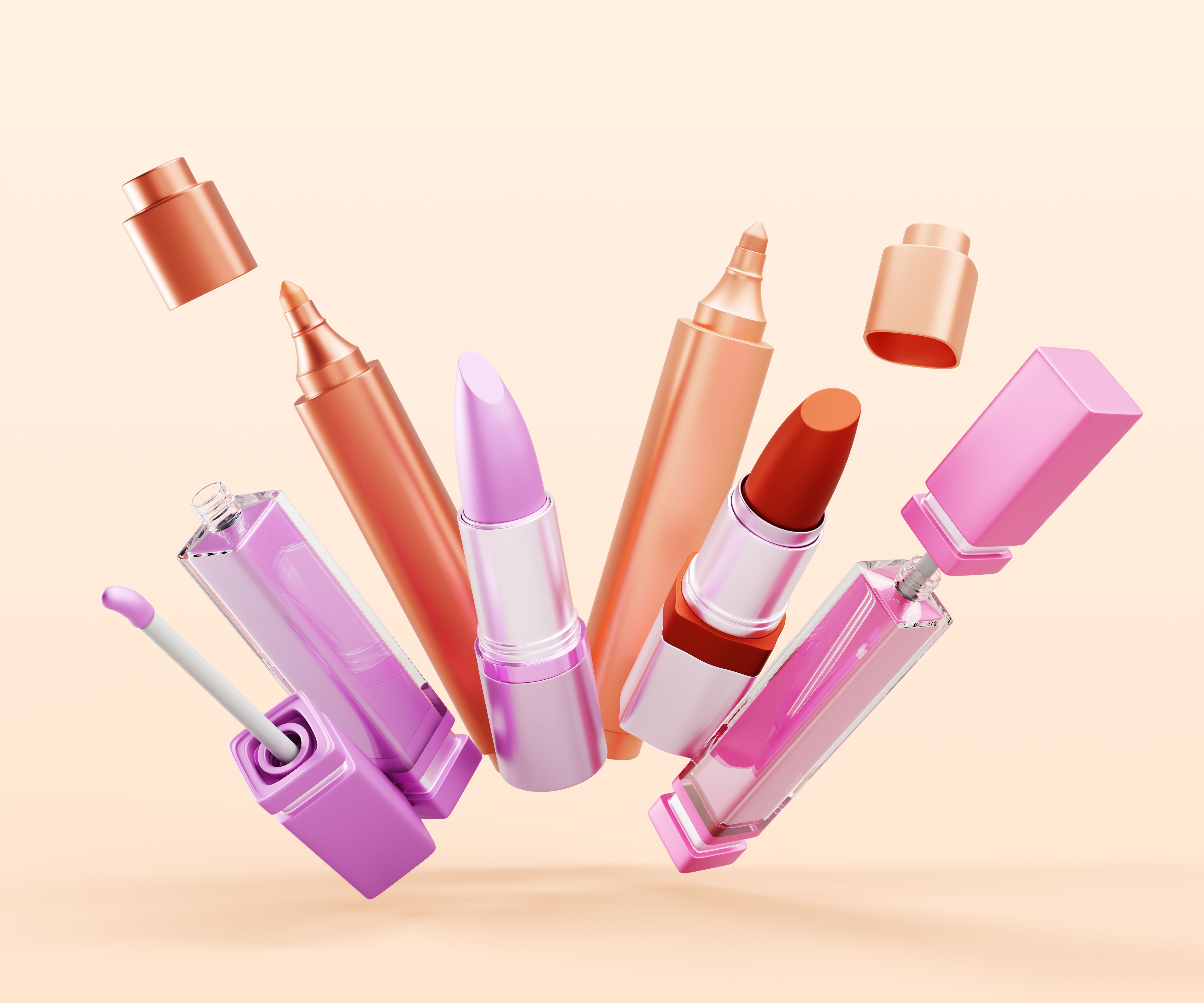 3d flying makeup products, beauty cosmetics explosion render mockup banner. Luxury promo poster with red lipstick, pink liquid lip gloss tube, nude lip stain tint on beige background