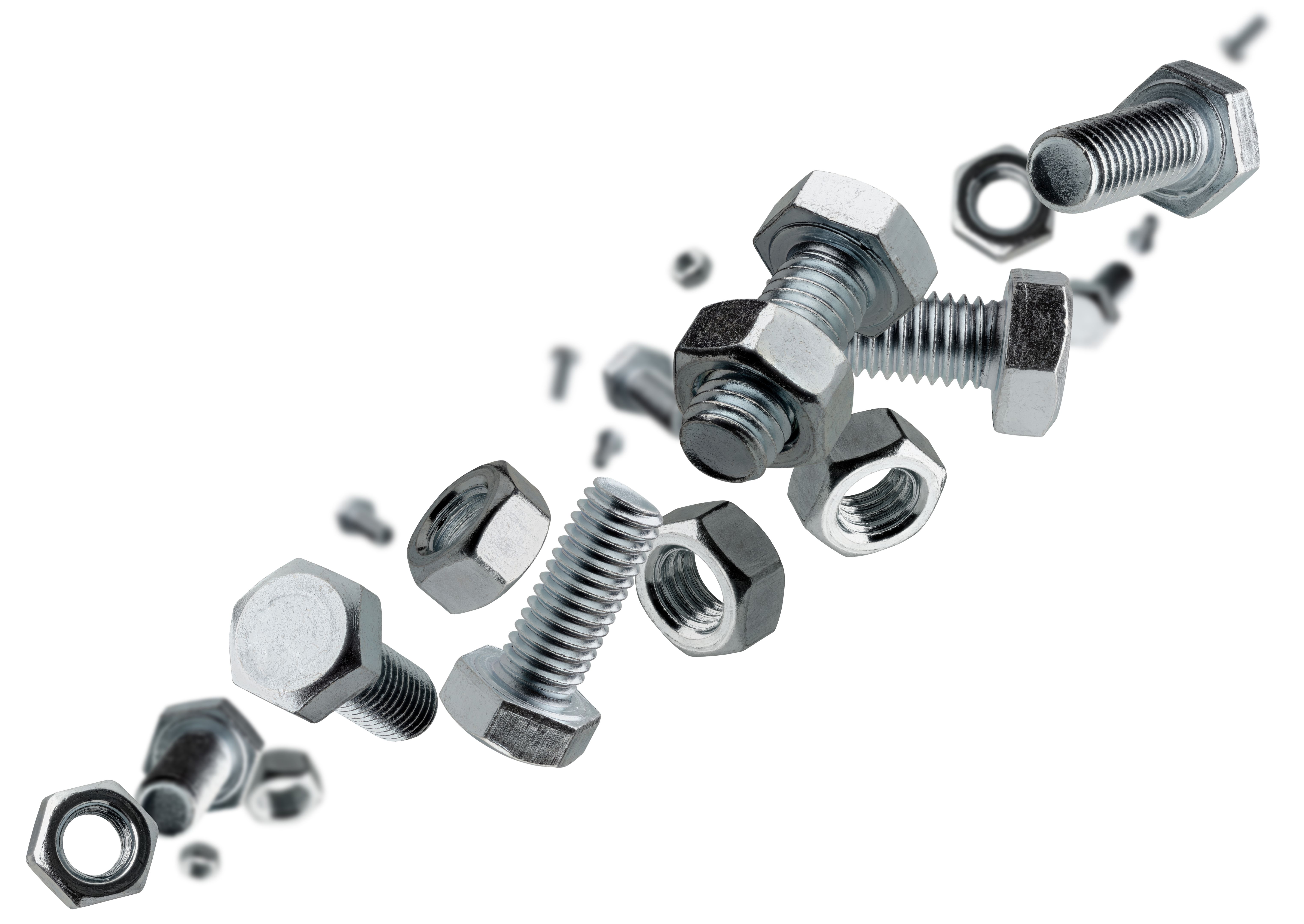 Set of bolts and nuts flies through space forming a chain shape. Isolated on white