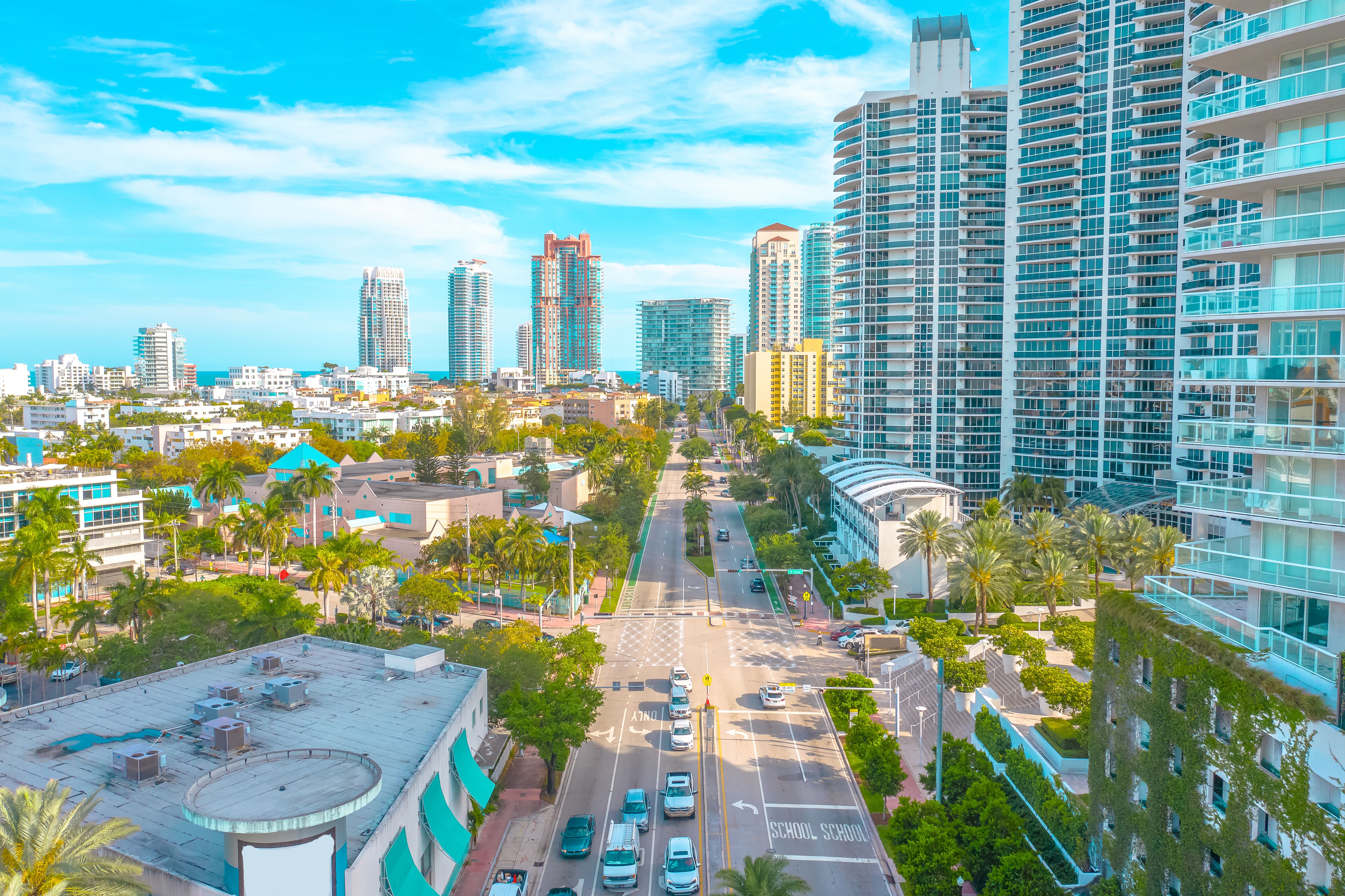 Miami Beach street on a beautiful sunny afternoon