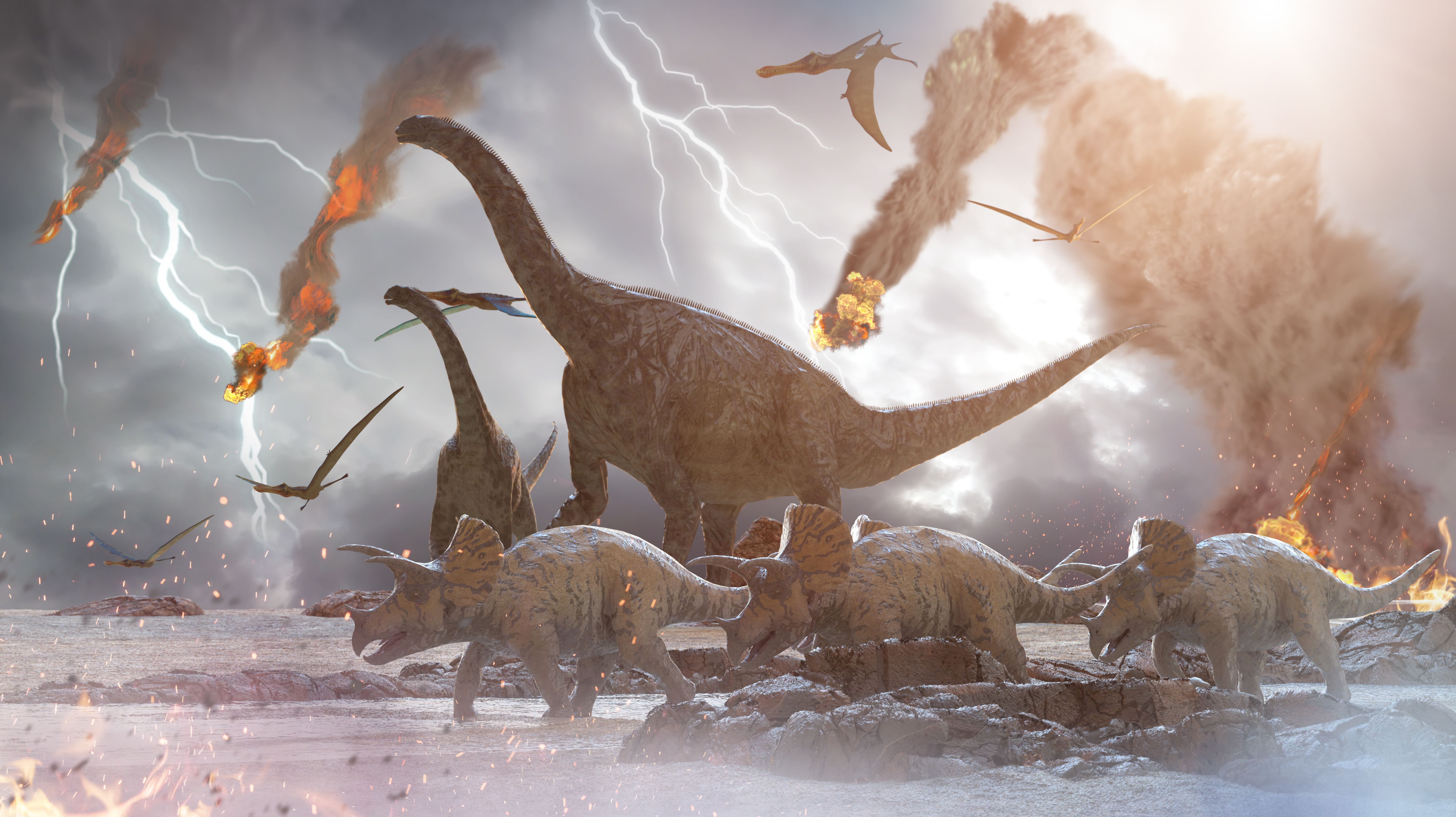 concept destruction of dinosaurs by a falling   meteorite, 3d render