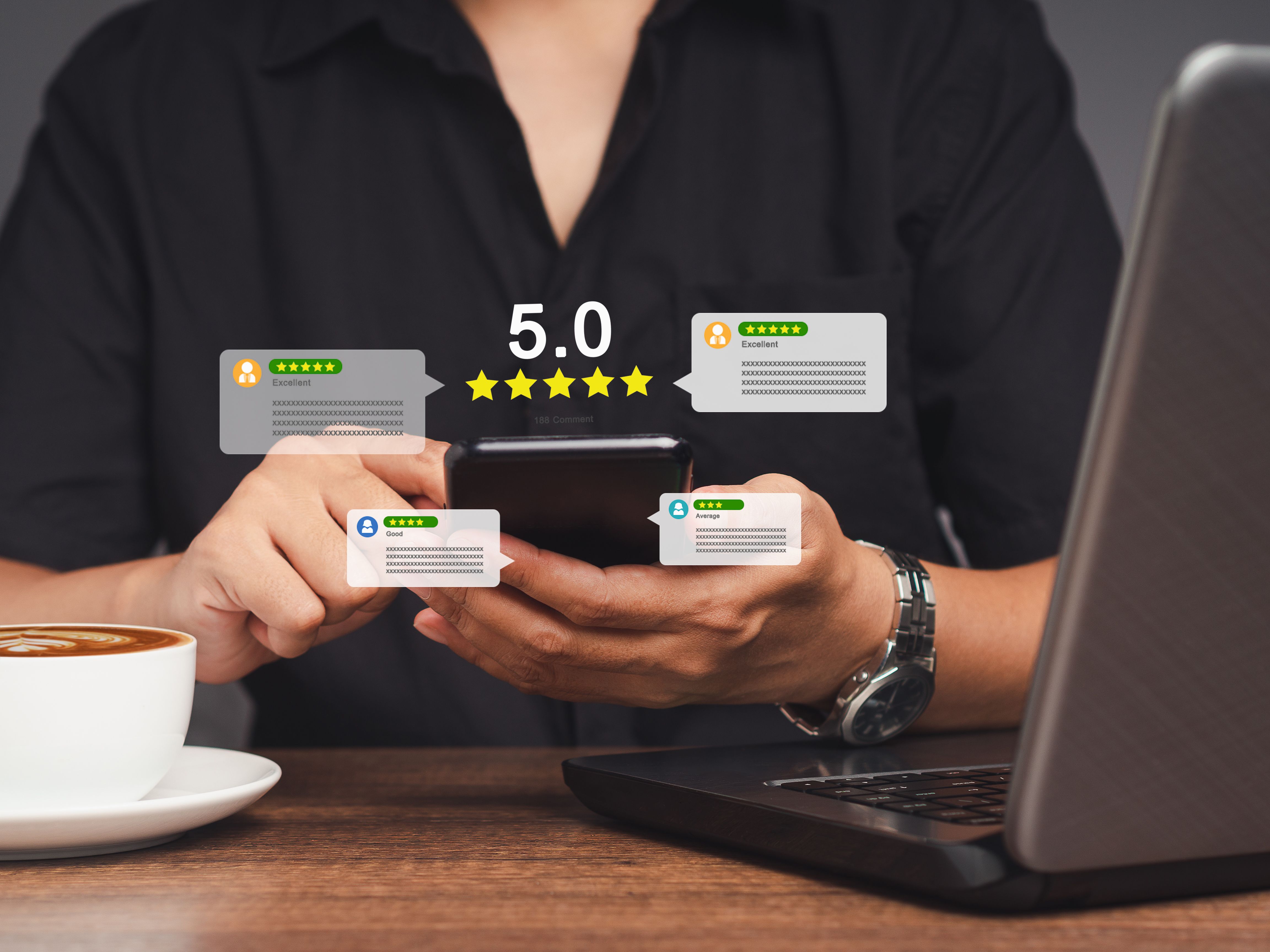 Satisfaction and feedback surveys. Customer using a smartphone gives the five-star icon a rating of very impressed for service.