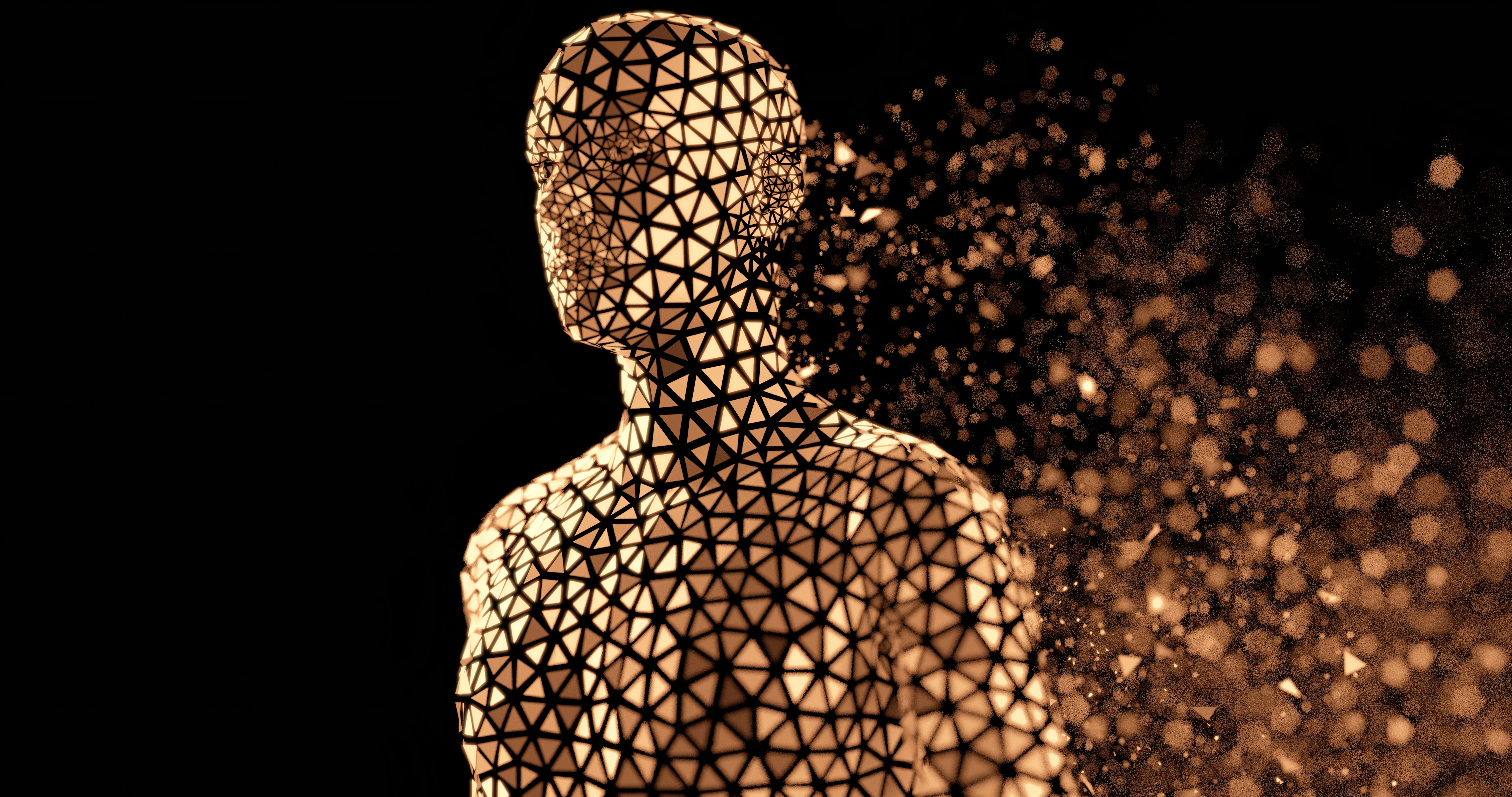 3D modeled waist up hologram of a human, made of a golden triangles, shattering into pieces on a black background 3D modeled waist up hologram of a human, made of a golden triangles, shattering into pieces on a black background