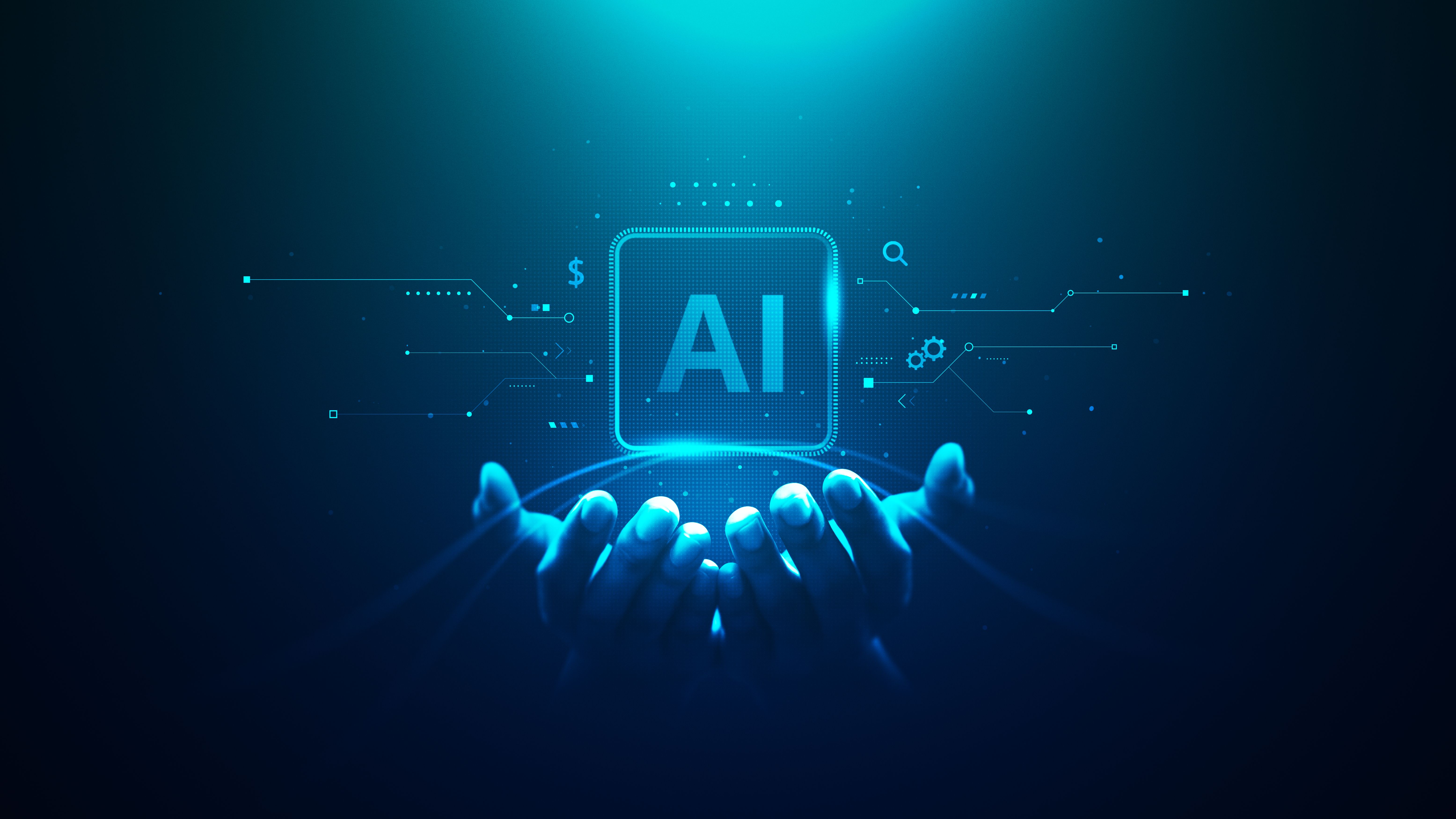 Technologie, künstliche Intelligenz, digitale KI, Hand, Konzept auf Cyber, Zukunft, Business, Technologie, Wissenschaft, Innovation, futuristisches Netzwerk, Strategie, Hintergrund, virtuelle Datenkommunikation, Lernassistent, Suche.