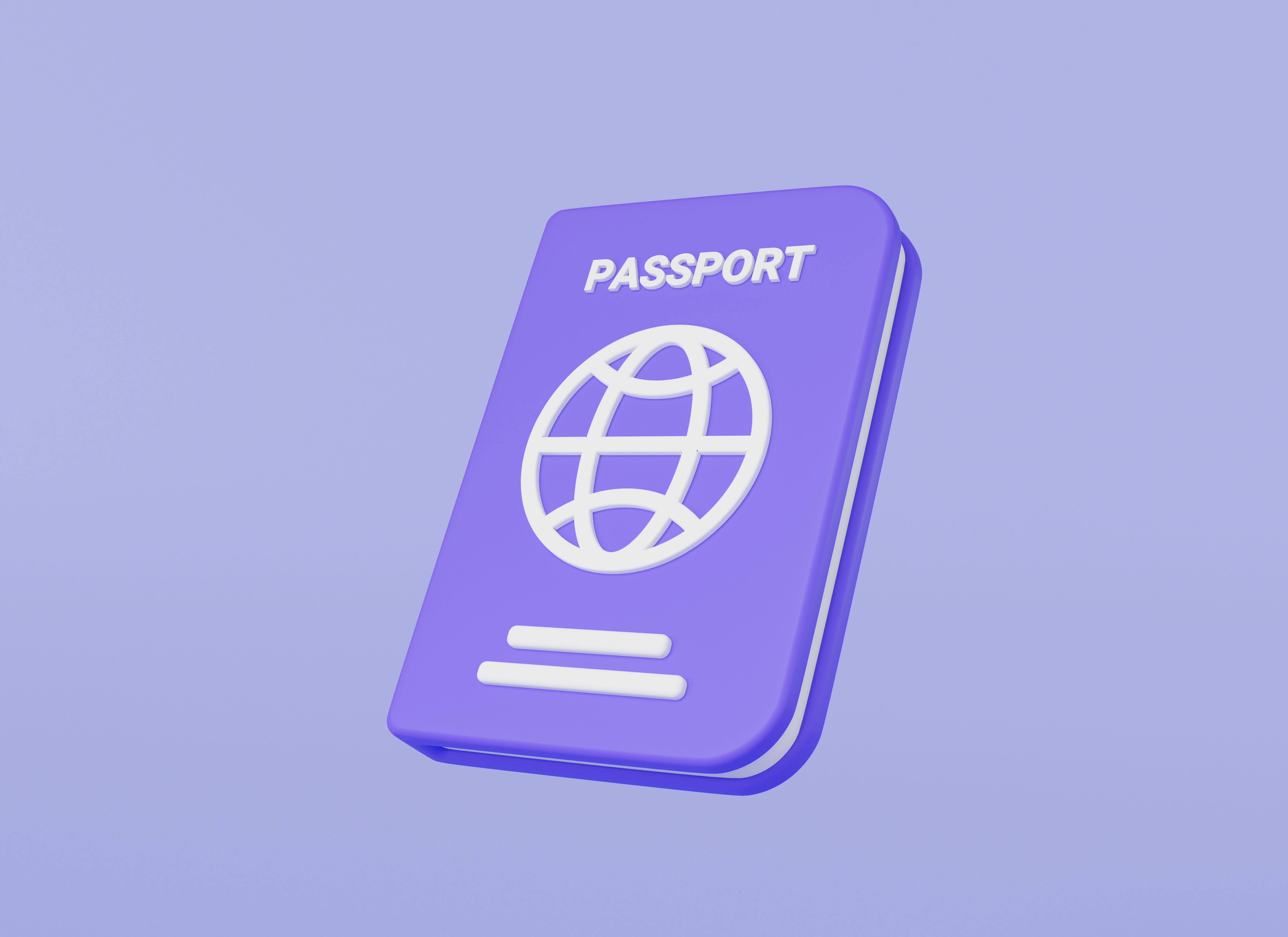 International passport on purple background. International document, Passport for travel and immigration, Travel and tourism, Identification document, Personal immigration. 3d render illustration