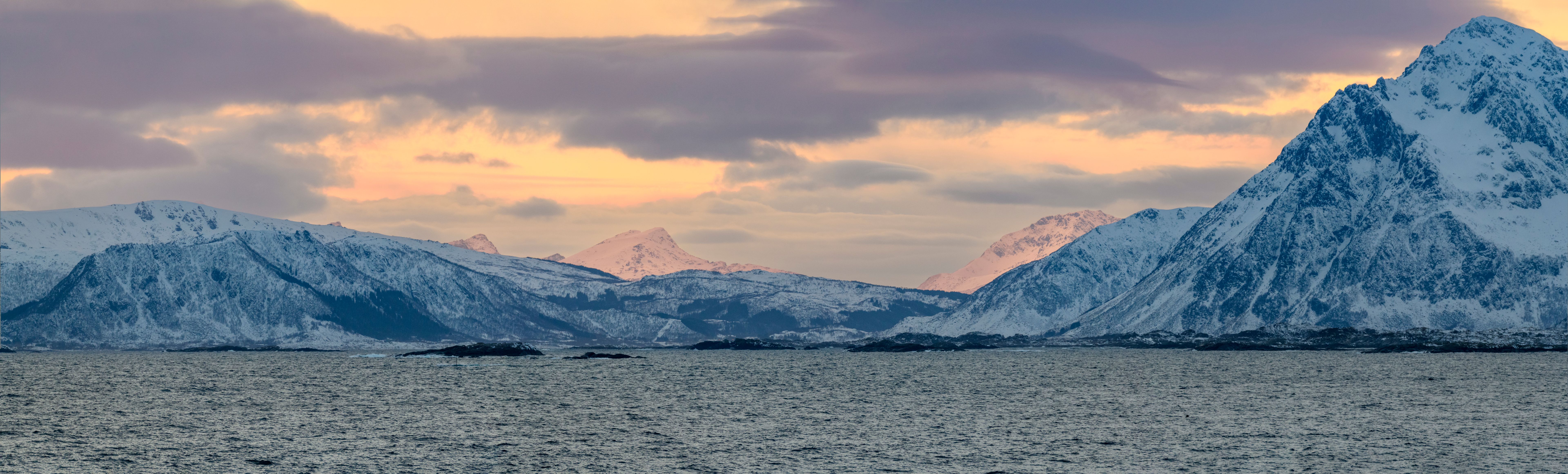 Sunset view over the Lofoten islands in Northern Norway during winter