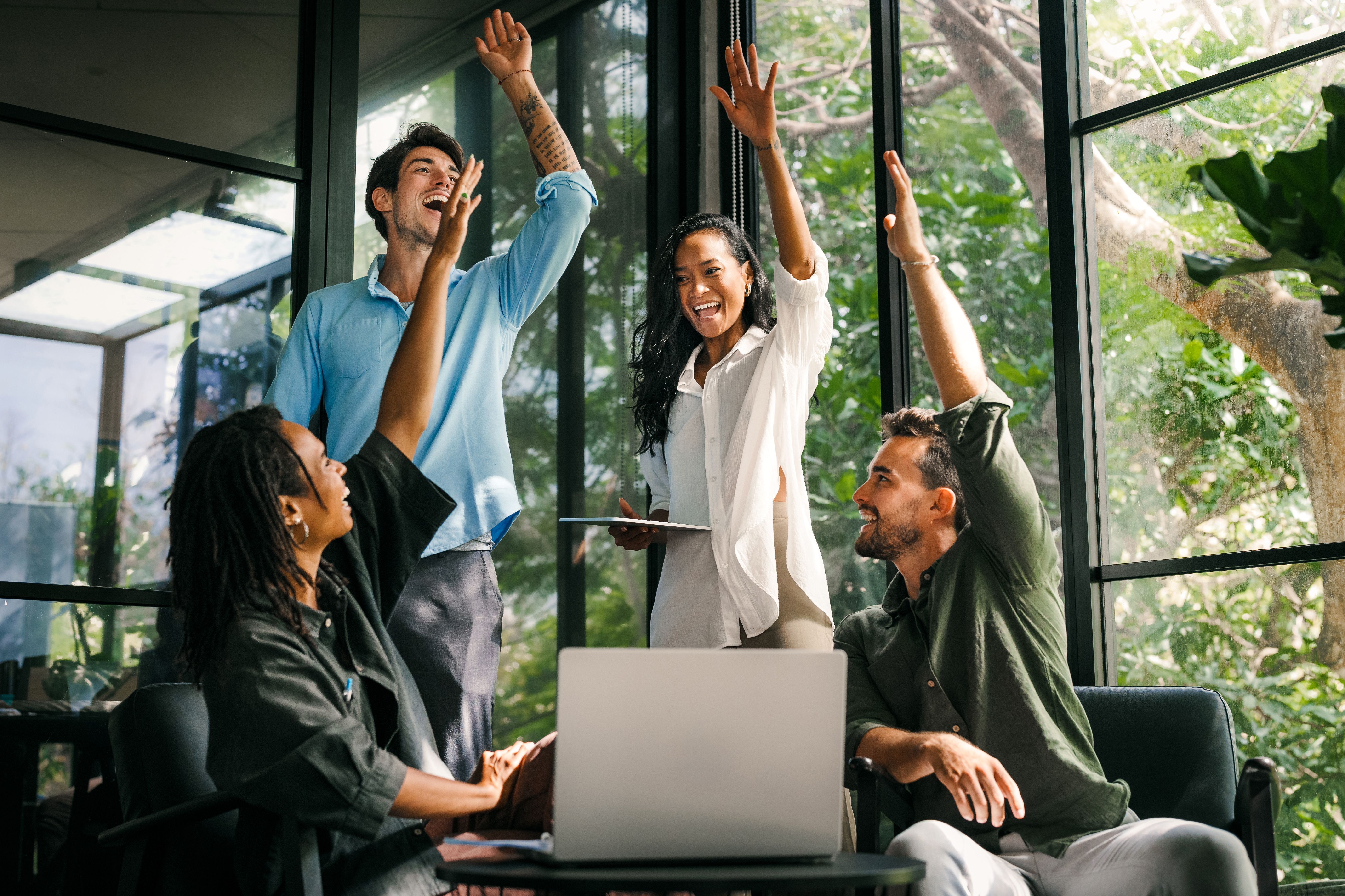 Group of successful multiethnic, diverse entrepreneurs and business people achieving goals together