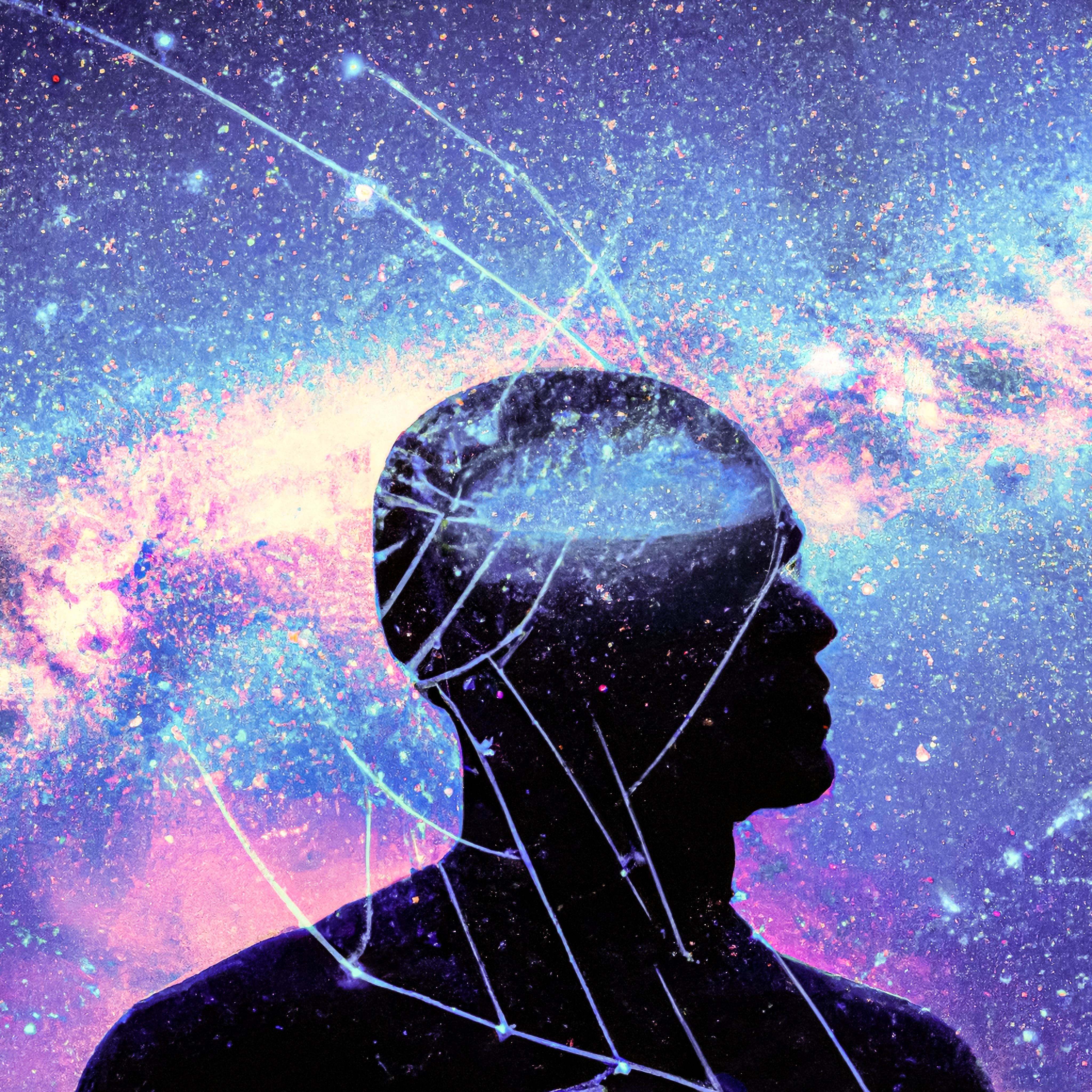 Man silhouette in outer space and  galaxy background
