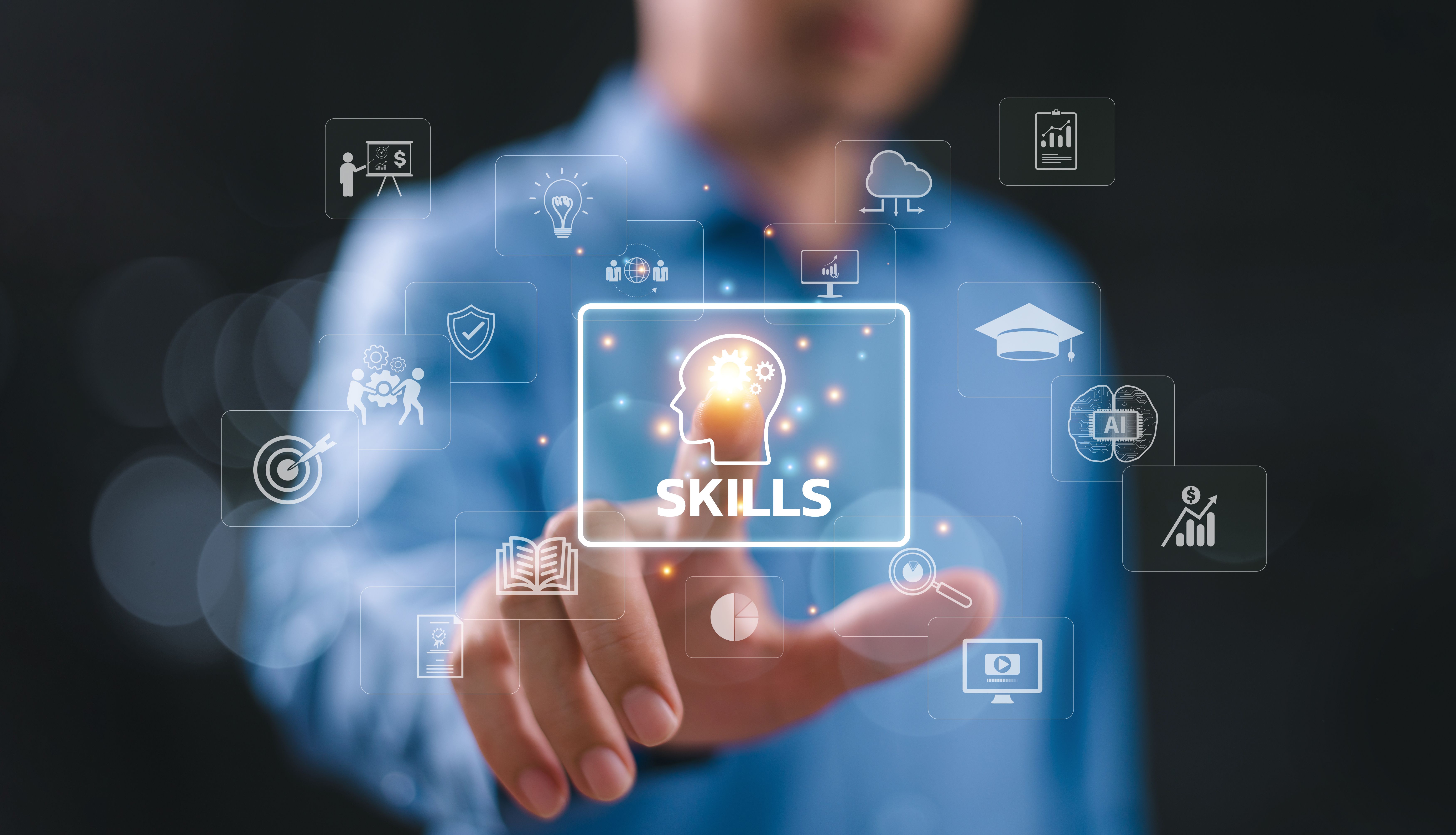 Soft skill individual development concept. Teamwork study up new ability, business technology evolution. HR learning interpersonal. Student hand touch digital icon. Competency training education