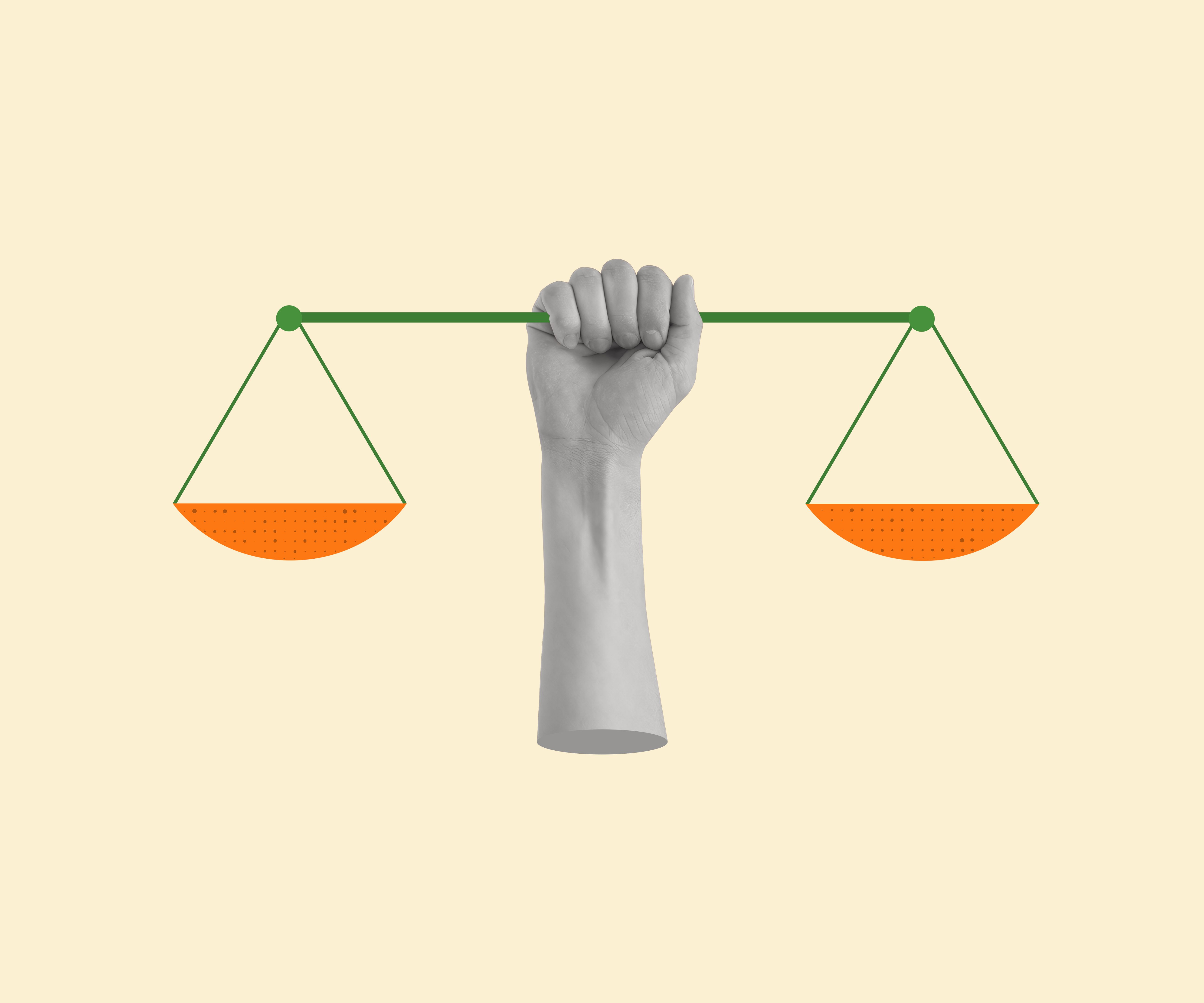 Contemporary art collage with hand holding scales. Contemporary art collage with hand holding scales.