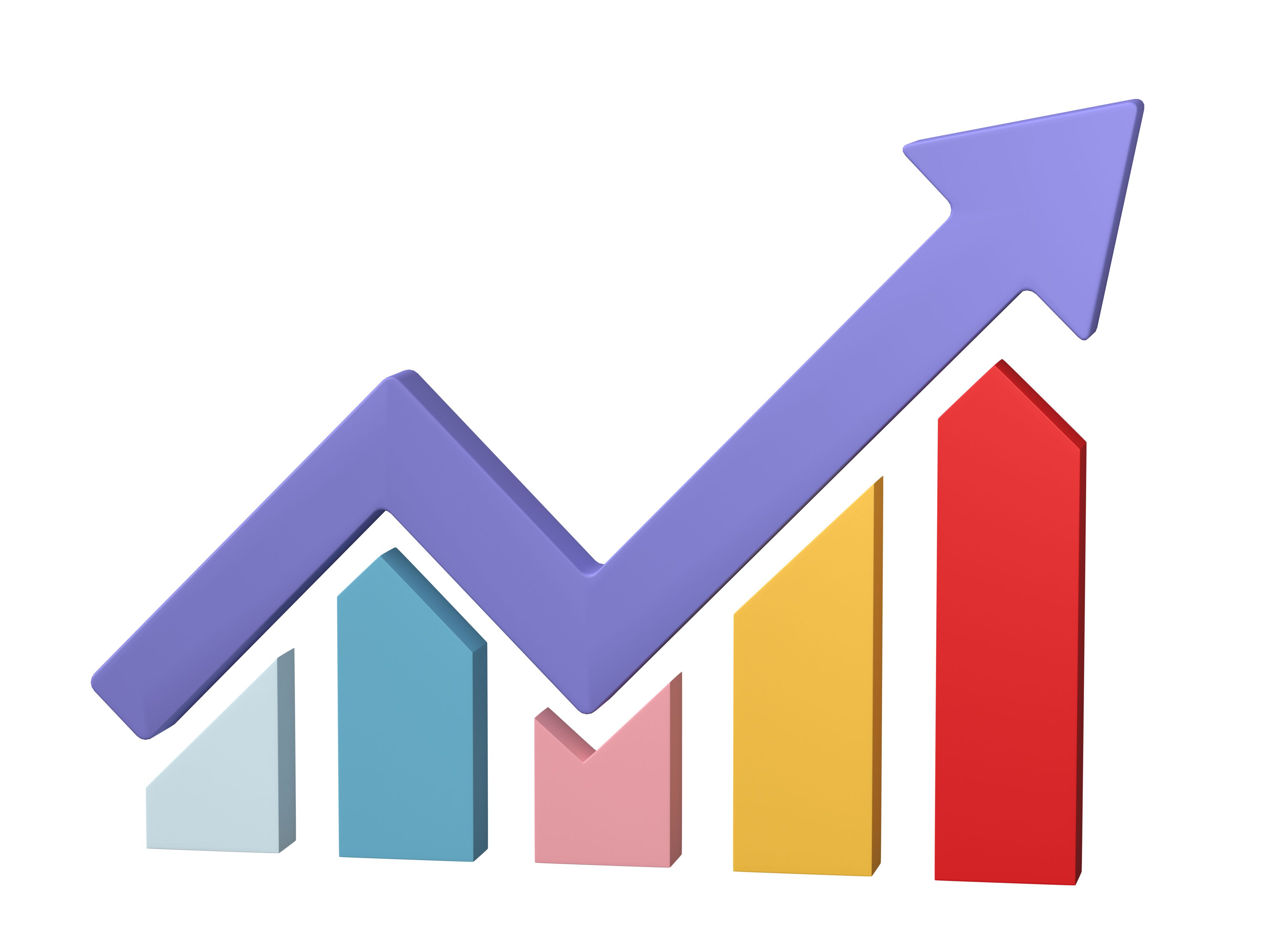 3D Growth diagram with Rising arrow icon isolated on white background.
