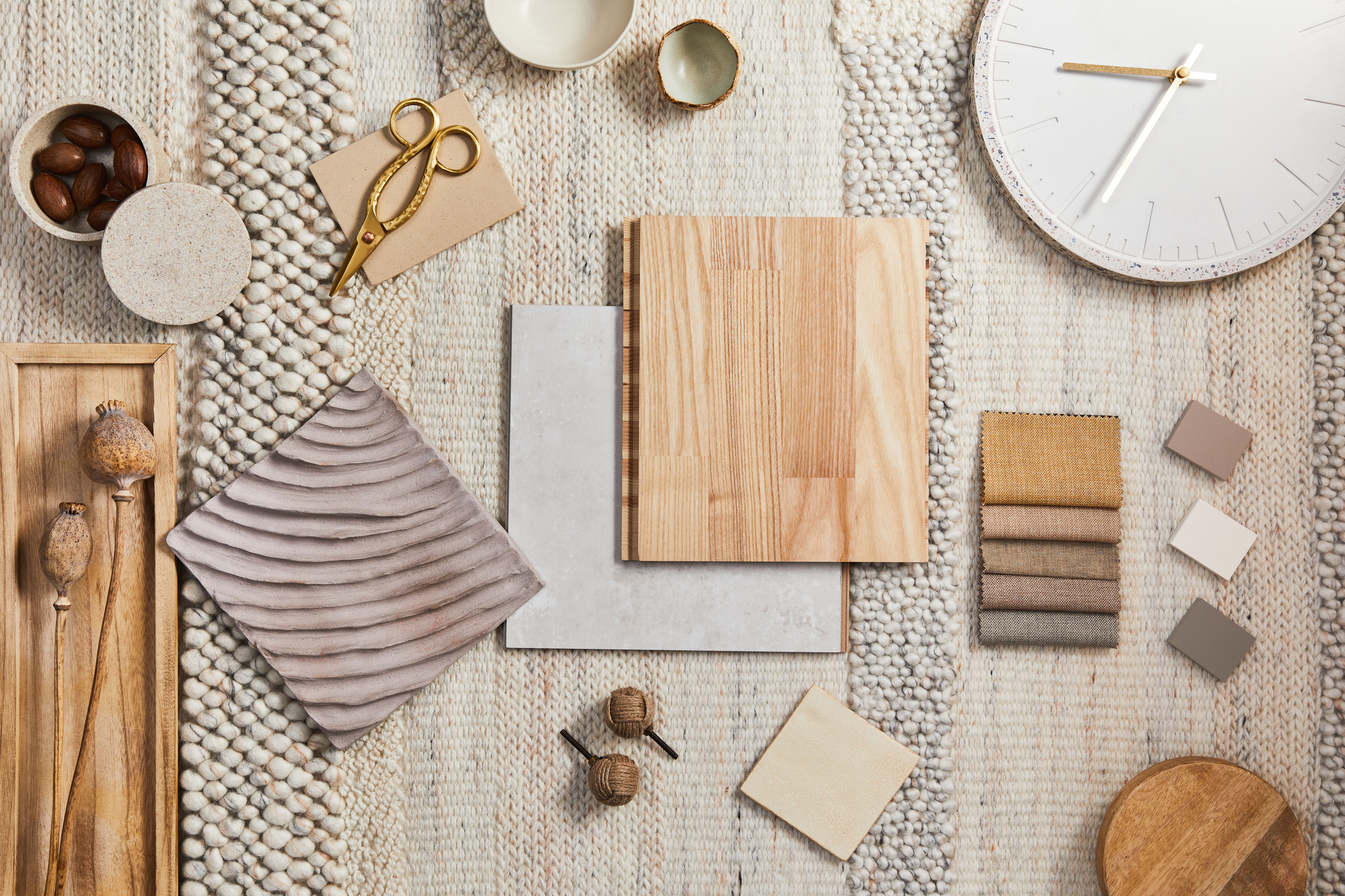 Flat lay design of creative architect moodboard composition with samples of building, beige textile and natural materials and personal accessories. Top view, template. Flat lay design of creative architect moodboard composition with samples of building, beige textile and natural materials and personal accessories. Top view, template.