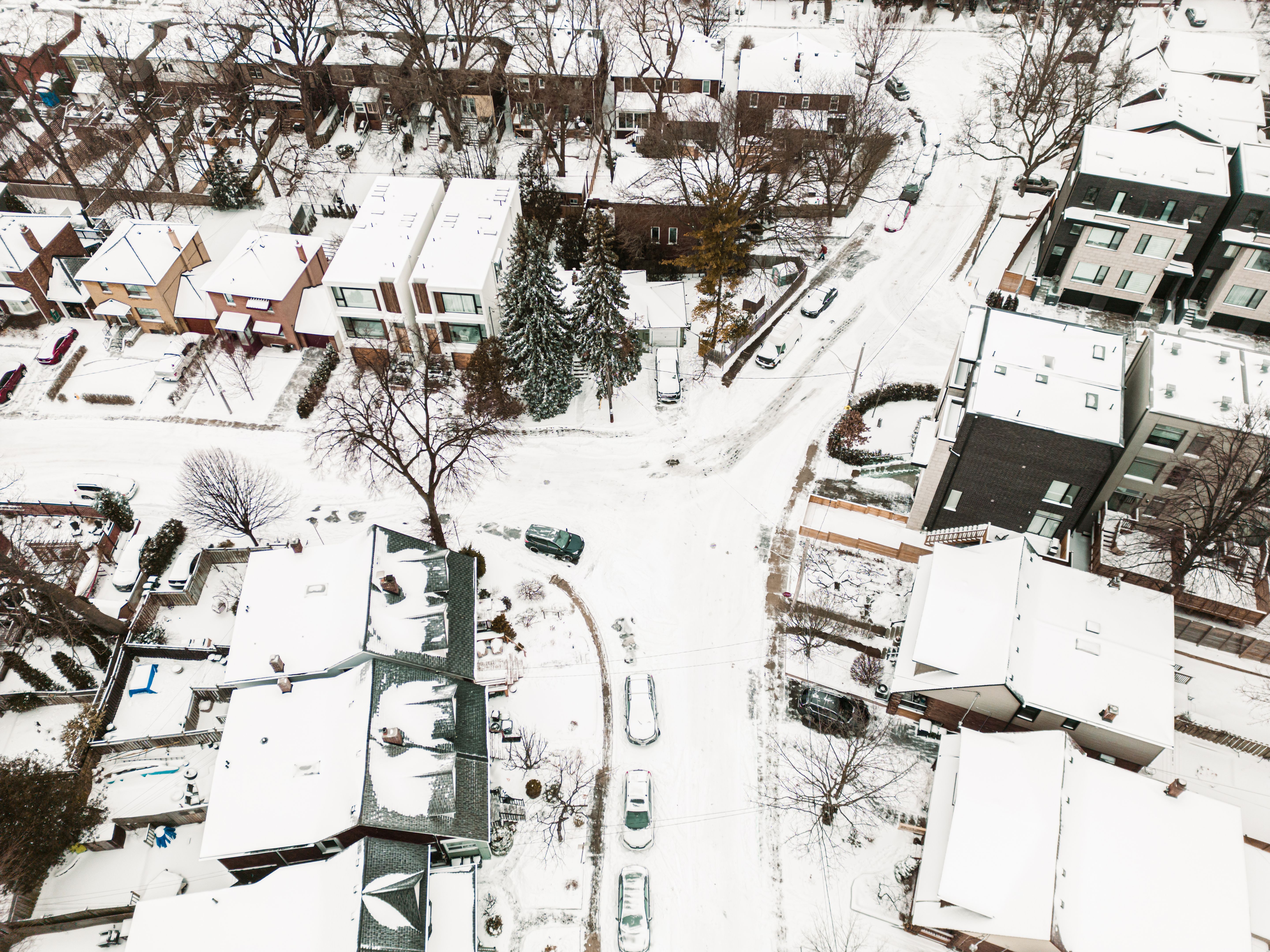 Areal view of City neighbourhood during winter with snow