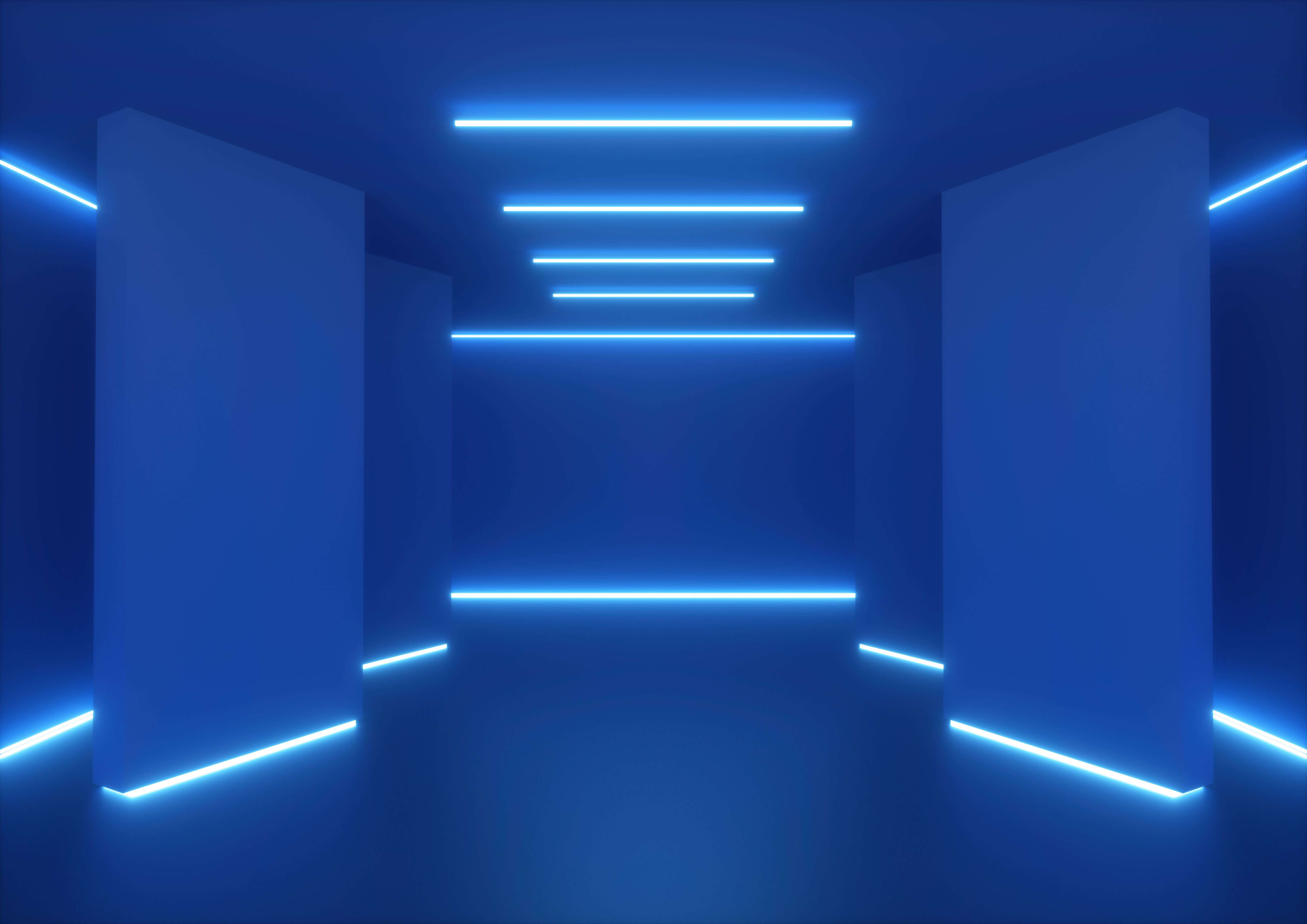 3d rendering, empty room, tunnel walls, blue neon light, abstract ultraviolet background, glowing lines, fashion stage, vibrant colors, corridor, night club interior