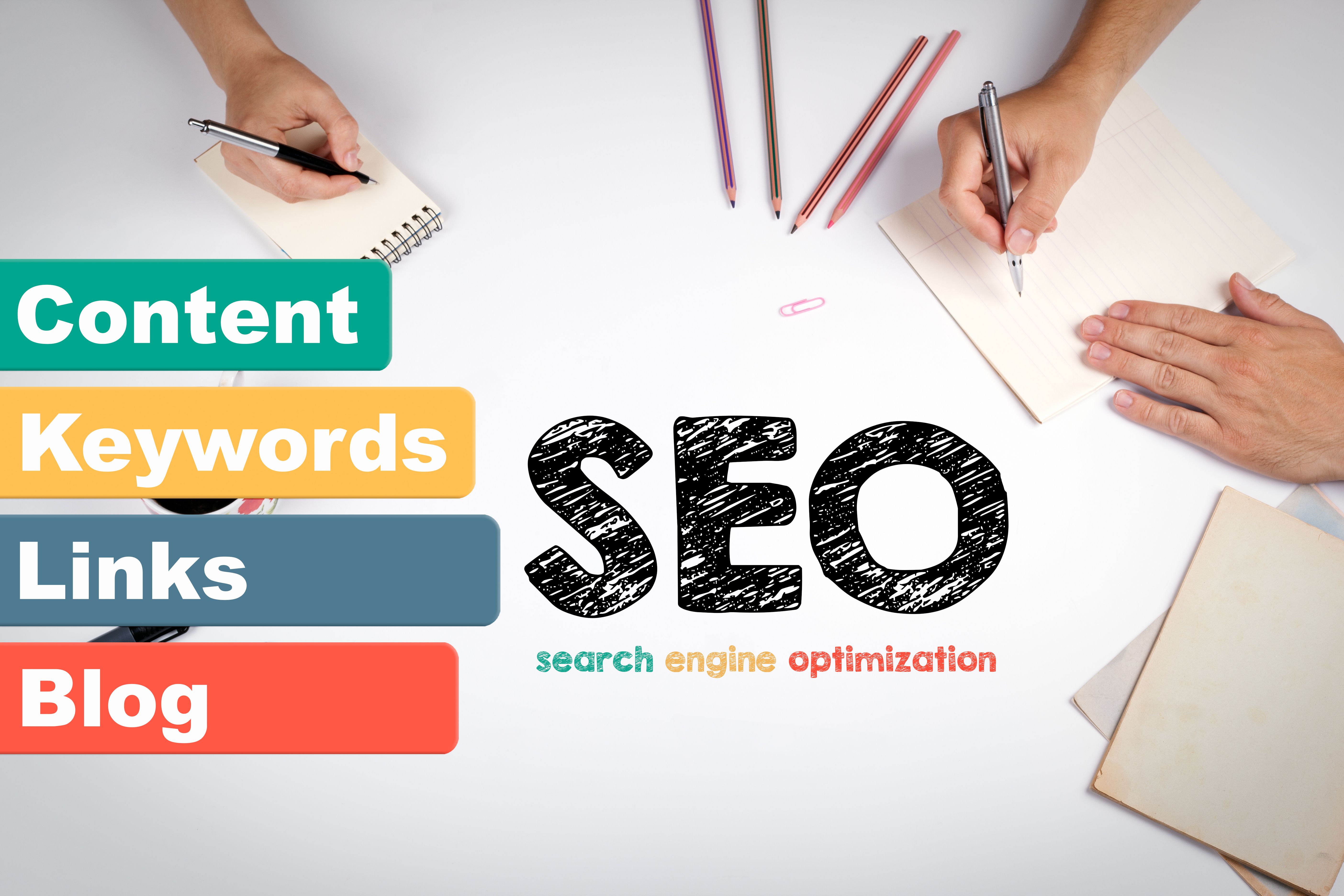 seo search engine optimization, business concept. The meeting at the white office table