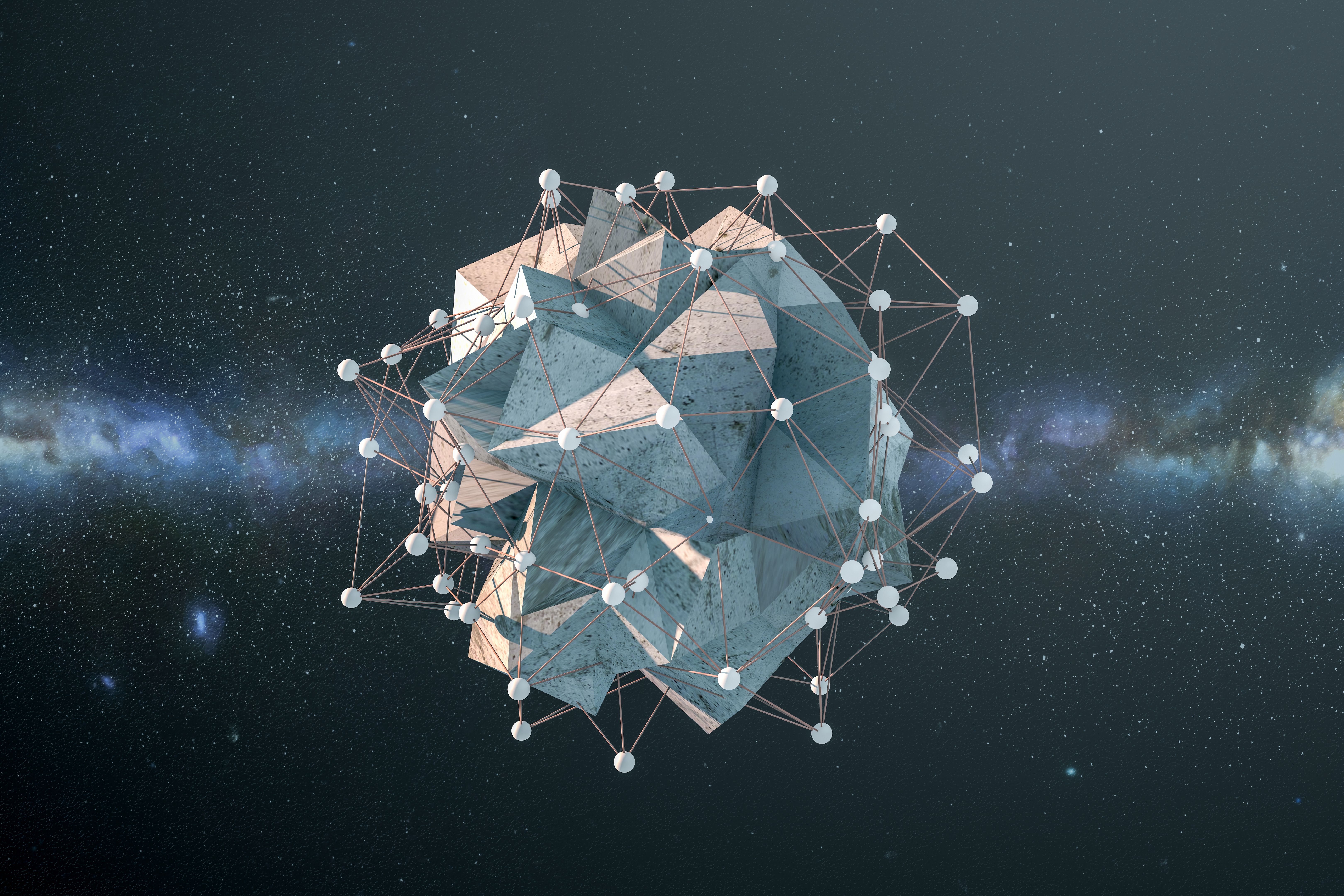 Global digital mesh network with low poly rock, Blockchain Concept Global digital mesh network with low poly rock, Blockchain Concept