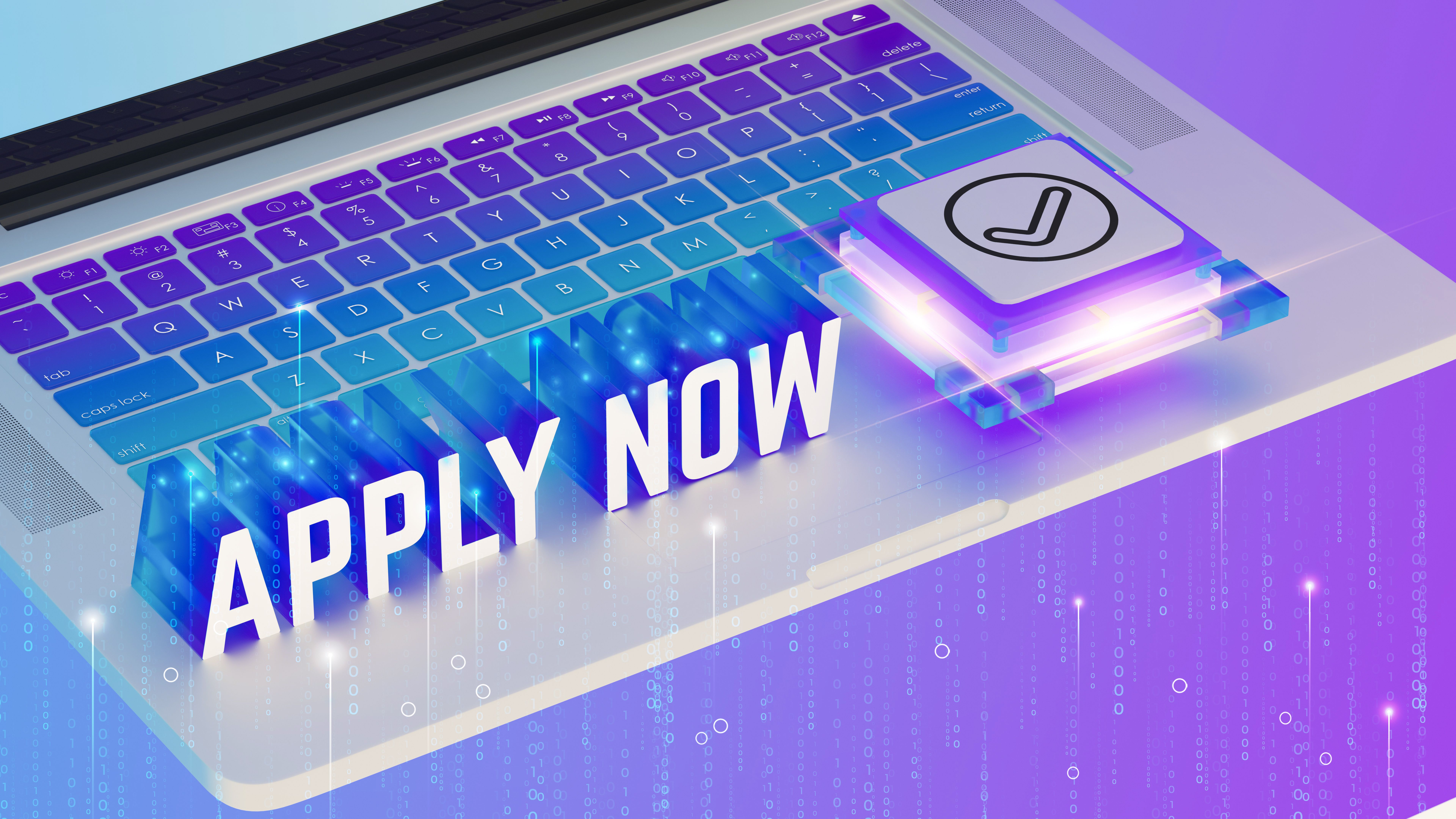 Keyboard with vibrant blue and purple gradient, APPLY NOW in 3D glowing letters, digital matrix background, neon lights, technology concept, job application, binary code, sleek modern aesthetic, 8K resolution, hyperrealistic render.