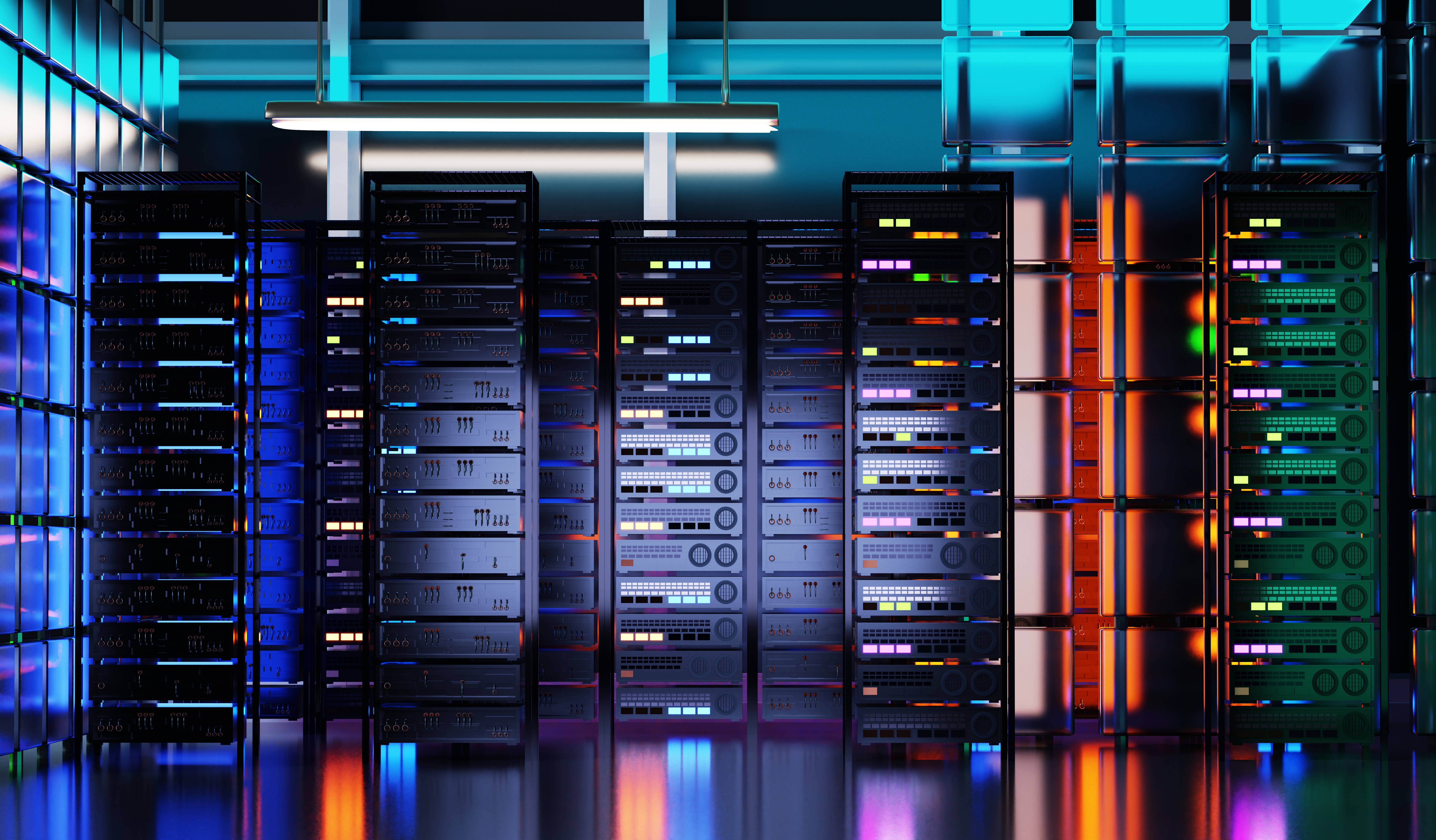 Server room with lots of computer and neon lights. Data center with racks and supercomputers. 3D rendering illustration Server room with lots of computer and neon lights. Data center with racks and supercomputers. 3D rendering illustration