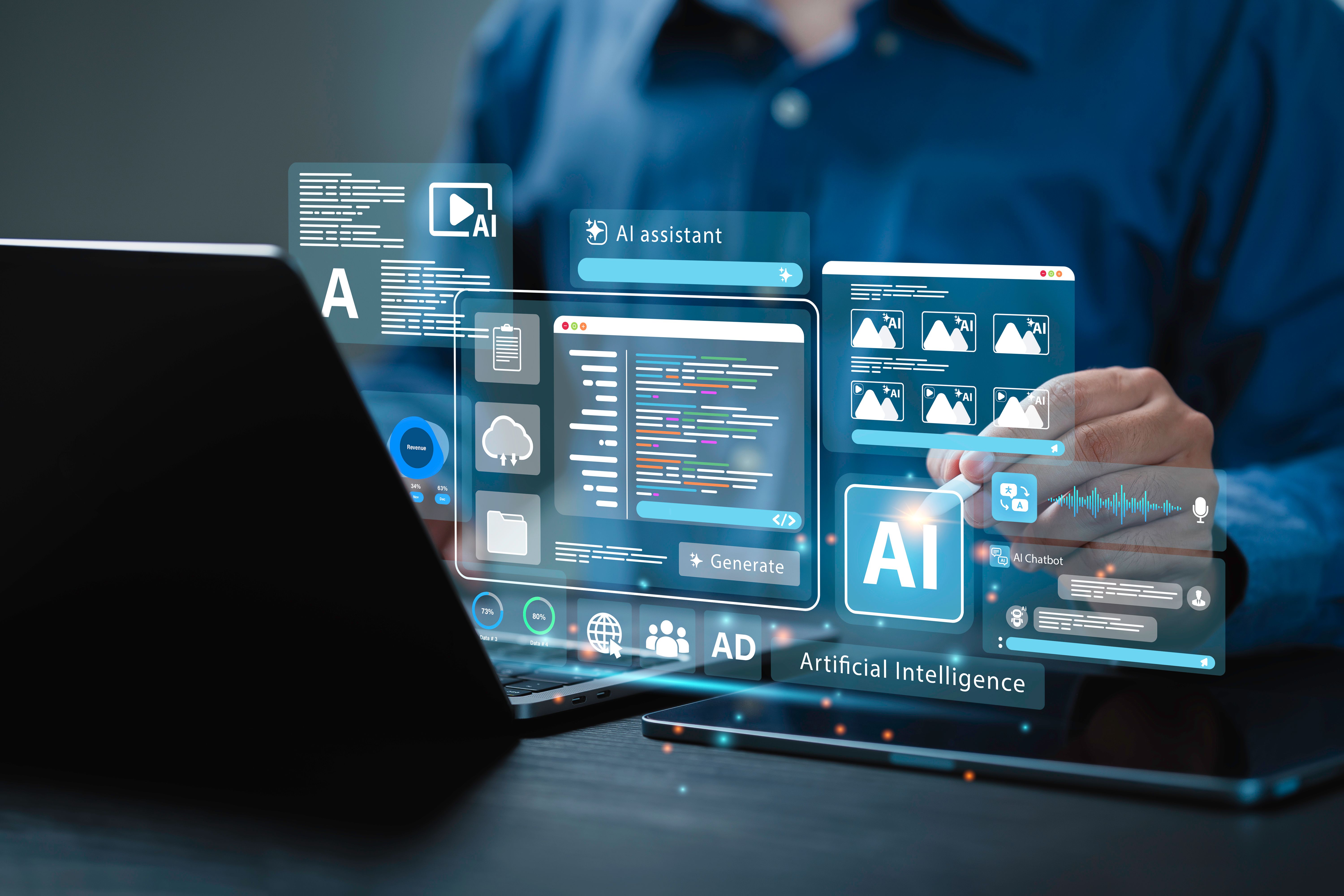 Ai generate concept. Artificial Intelligence Content Generator tool. Man uses a laptop with AI assistant to graphic design, translate language, chat bot, generate images, write code, and advertising. Ai generate concept. Artificial Intelligence Content Generator tool. Man uses a laptop with AI assistant to graphic design, translate language, chat bot, generate images, write code, and advertising.