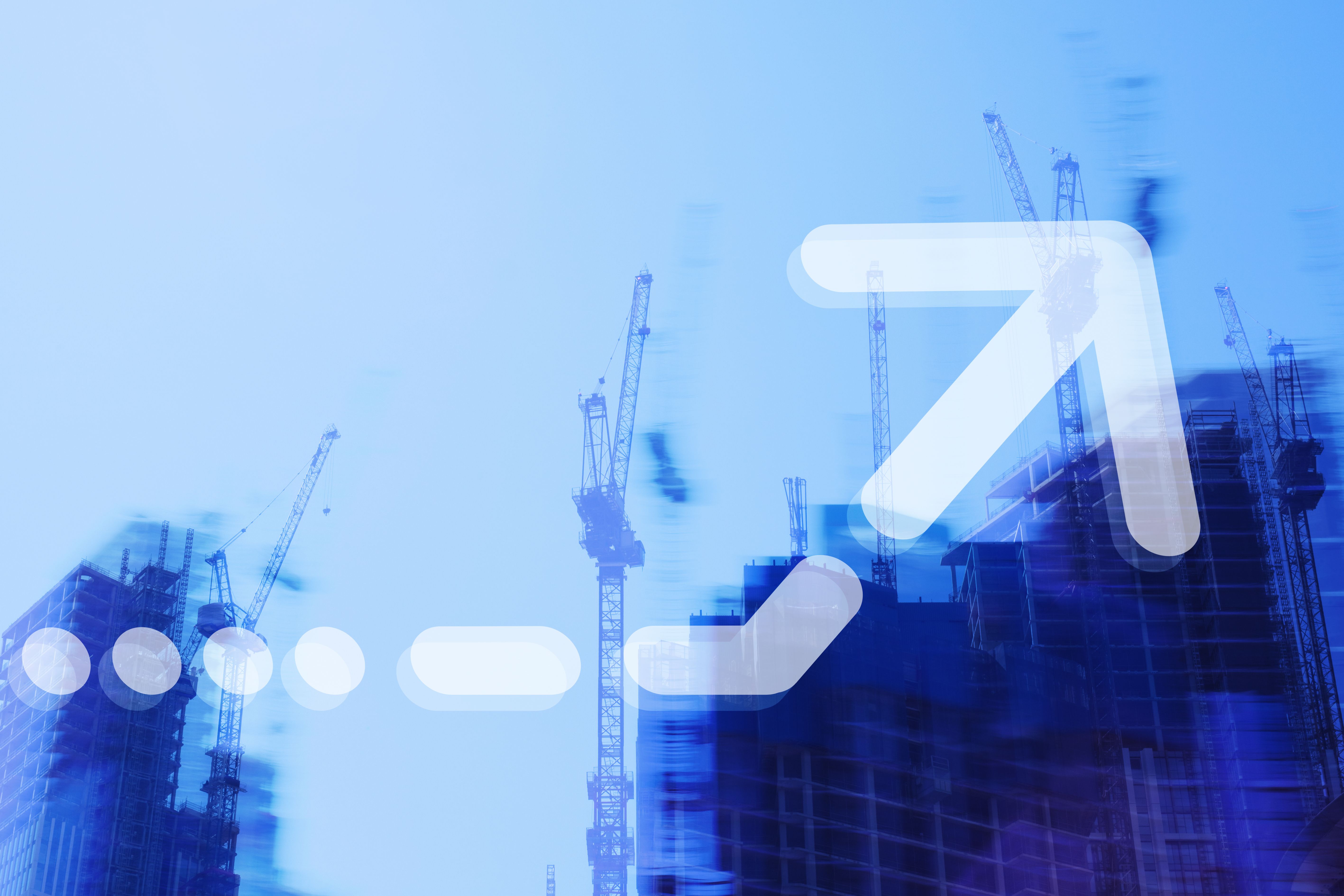 Investent and Construction. Construction Cranes, high buildings and Graphic Arrow. Investent and Construction. Construction Cranes, high buildings and Graphic Arrow.