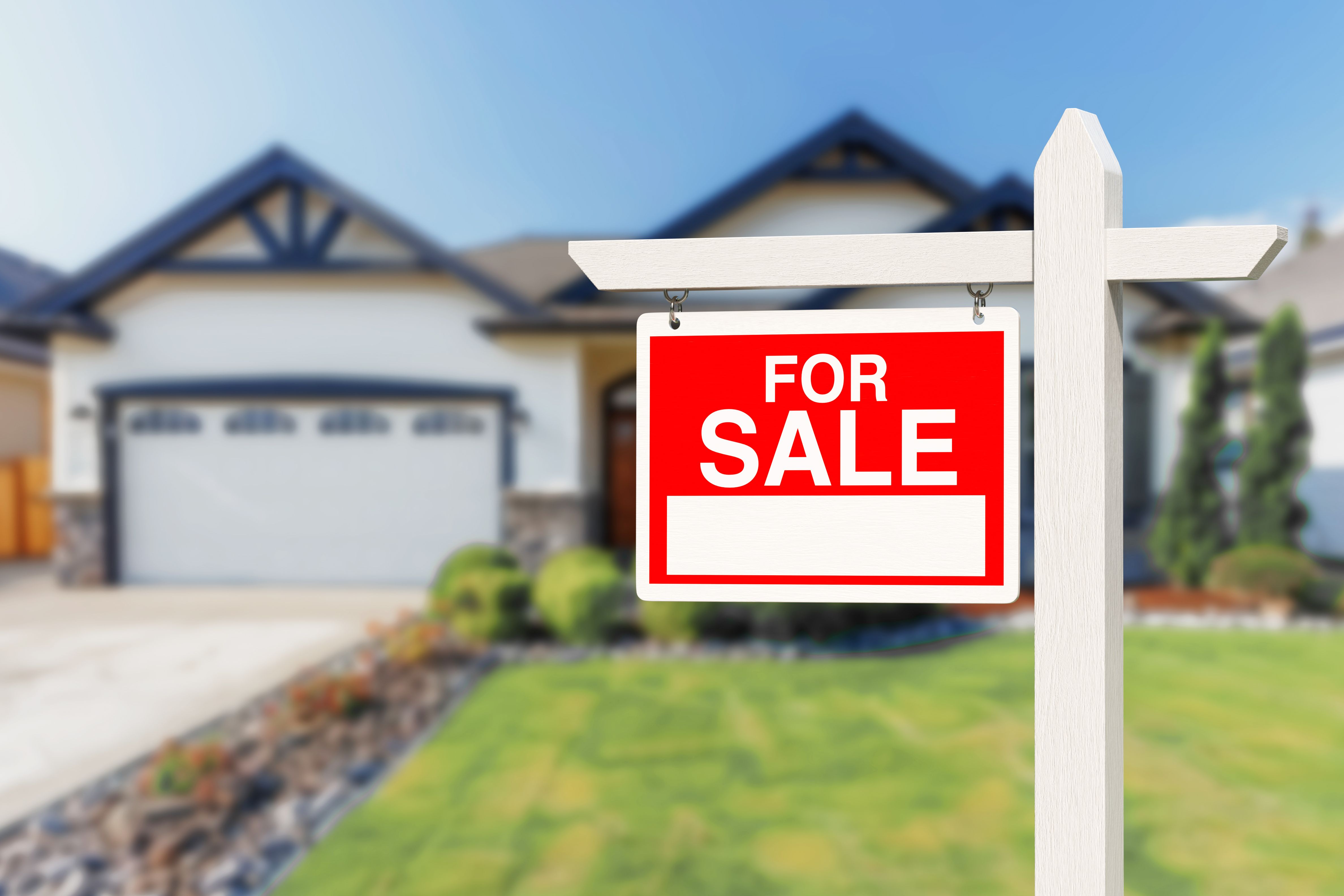 Real Estate Wooden For Sale Sign is Displayed in Front of a House.  3d Rendering