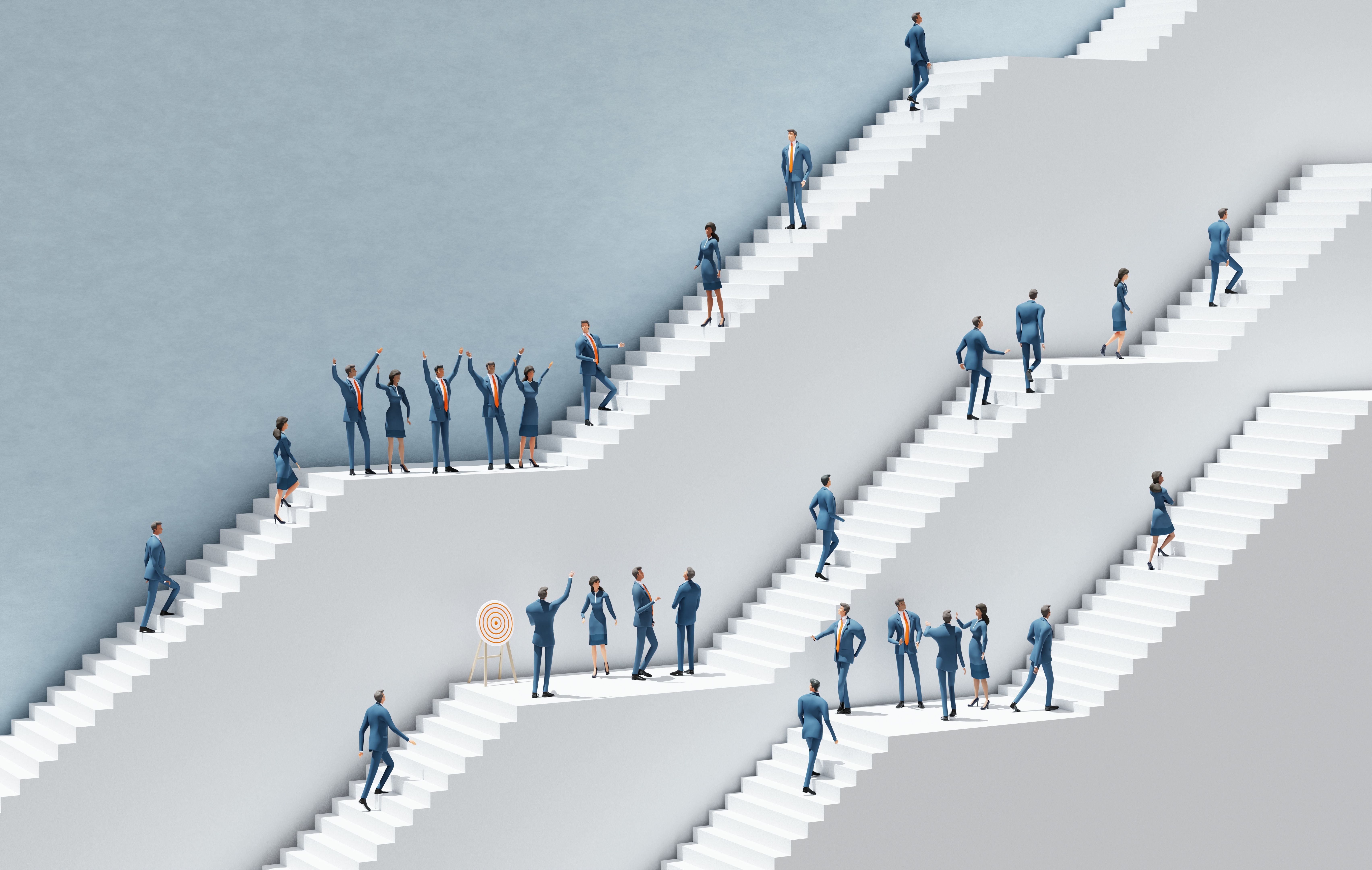 Businessman try to climb up with rope, people walking up on massive white stairs. Abstract environment representing career, success in business, start up, professional perspectives. 3D rendering