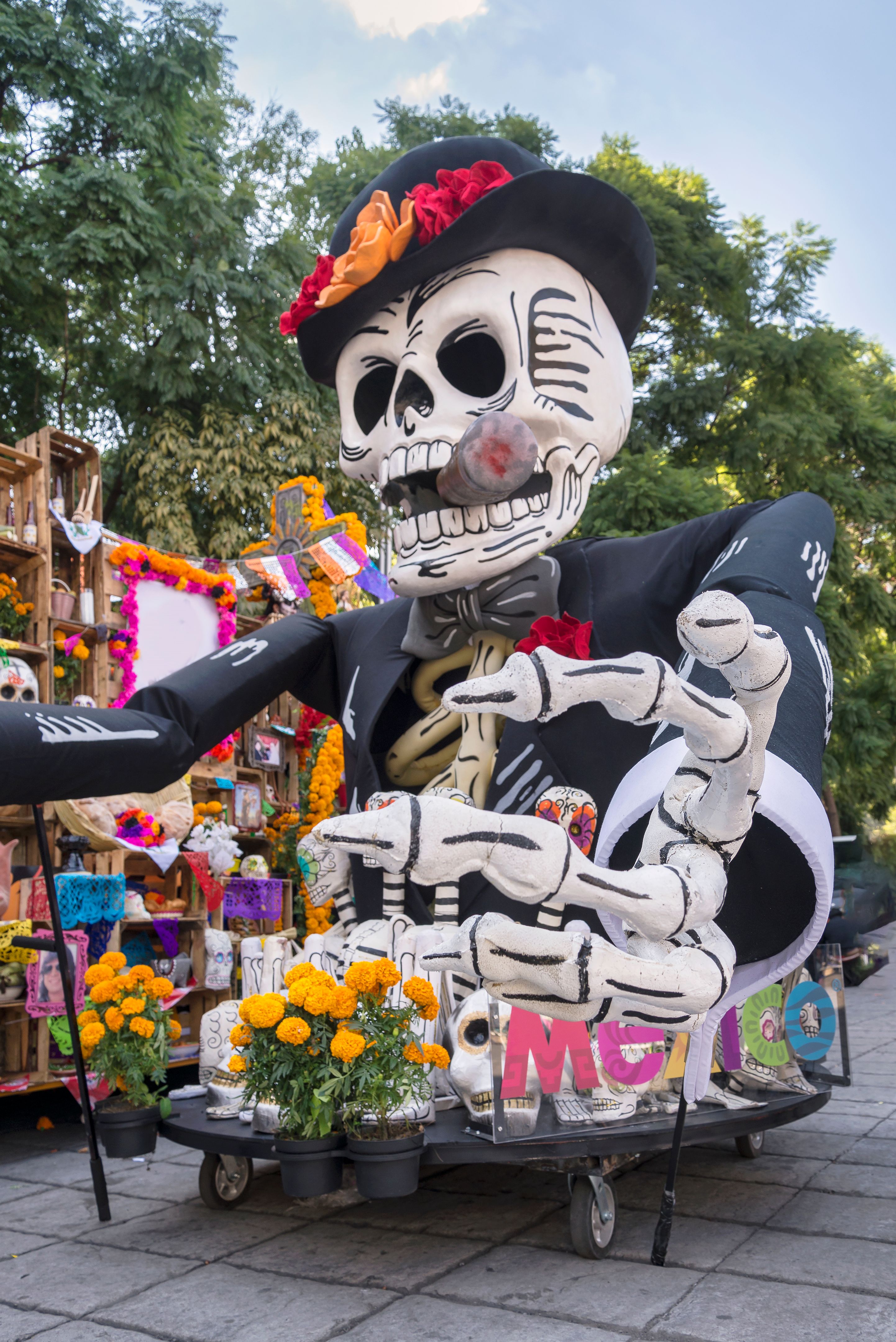 Huge carnival floats carrying a huge skeleton in the celebration of the Day of the dead. in Mexico