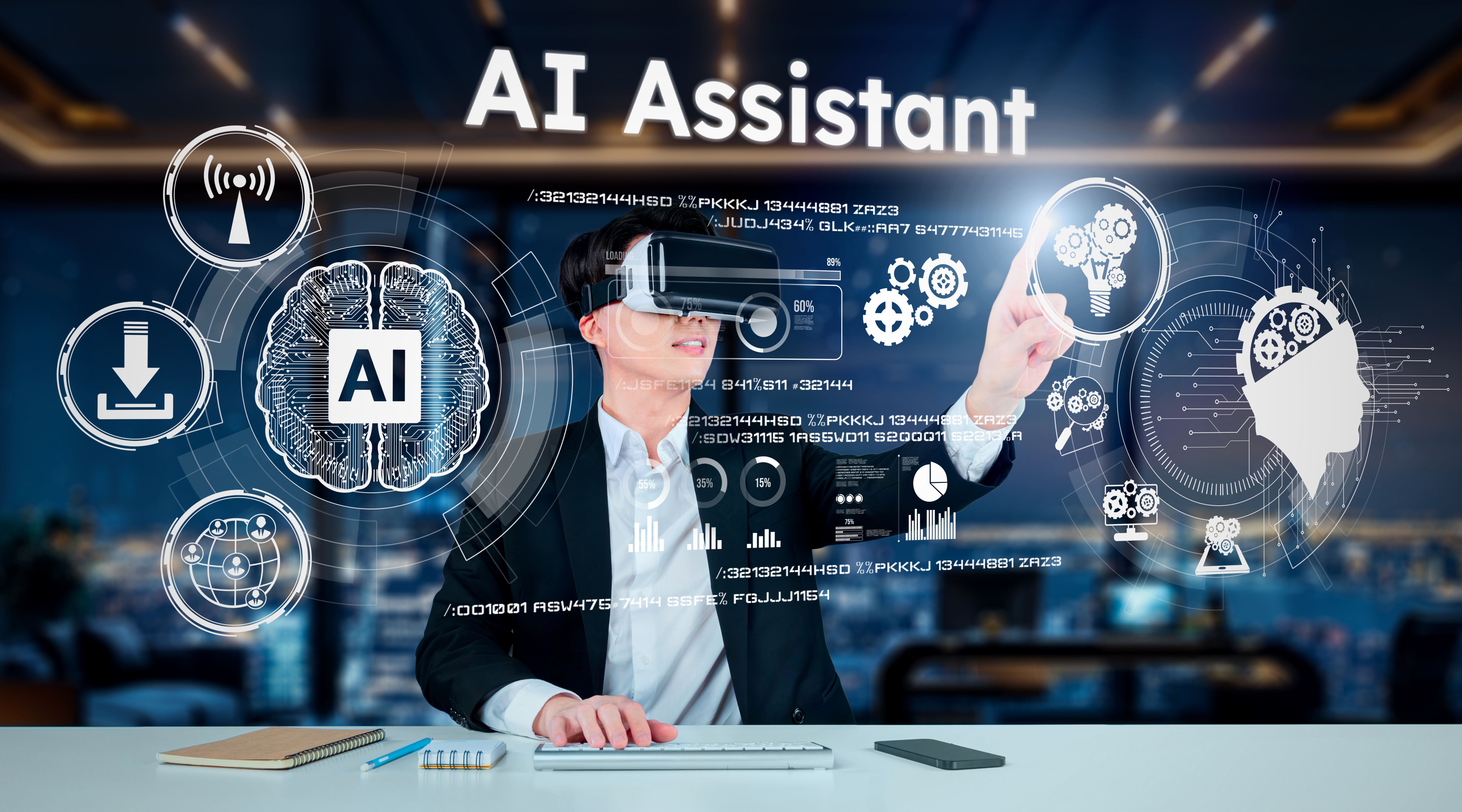 Smart business man with goggles working while using AI technology. Ingenuity.